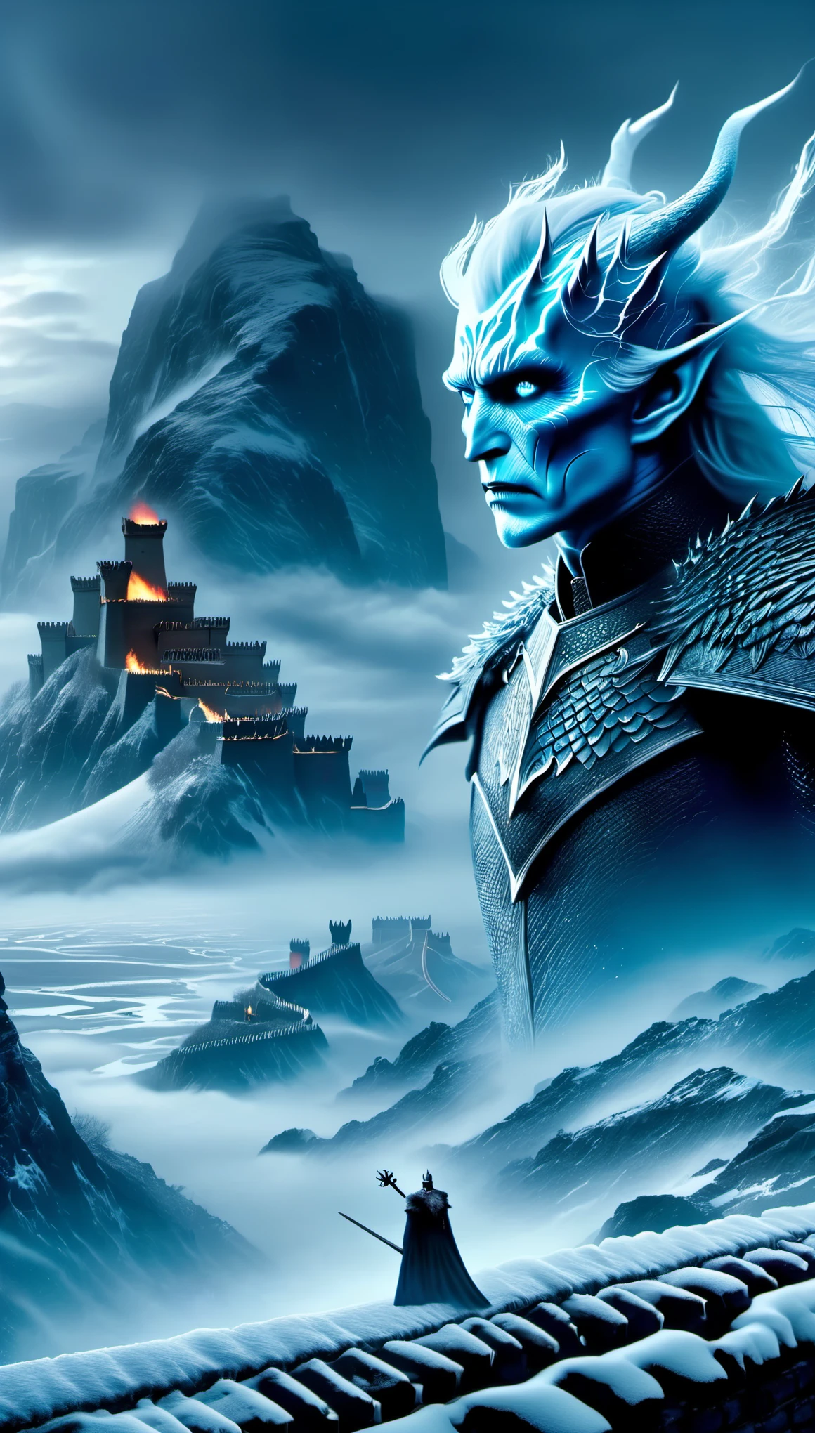 role conception,portrait,The appearance of the Night King is full of mystery、Cold and strong sense of power,The appearance of the Night King is very unique。His face is like a withered bone,Gives people a dead and cold feeling。His figure is like a long sword,Tall and straight,Revealing a kind of majesty and strength。His skin is whiter than milk,In stark contrast to his overall image。 The Night King's eyes are deep blue,Burning coldly like black ice,It gives an unfathomable feeling。There was a kind of coldness and cruelty in his eyes,suddenly white as fresh snow,Suddenly dark as a long night,Like the ever-changing night sky。The body is dotted with the deep gray green of the foreseems to be telling his mystery and power。 The weapon in the Night King's hand emits a strange faint blue light,A light that seems to shine in the darkness。In a fight,His weapons make sounds like animal wails that exceed the limits of human hearing.,It's scary。When the Night King Meets His Nemesis Dragonglass,He will bleed blue blood,This is one of his unique physical characteristics。《game of Thrones》Great Wall of China,one(Cliffs made entirely of ice and snow stretch for dozens of miles.:0.85),digitally rendered,Standing tall,become a strong barrier,(The Great Wall separates the Night's Watch from the White Walkers.),(Lots and lots of Night's Watch and armies of White Walkers),background:The wind is cold、Blizzard-raging environment,Create a sense of foreboding and danger。