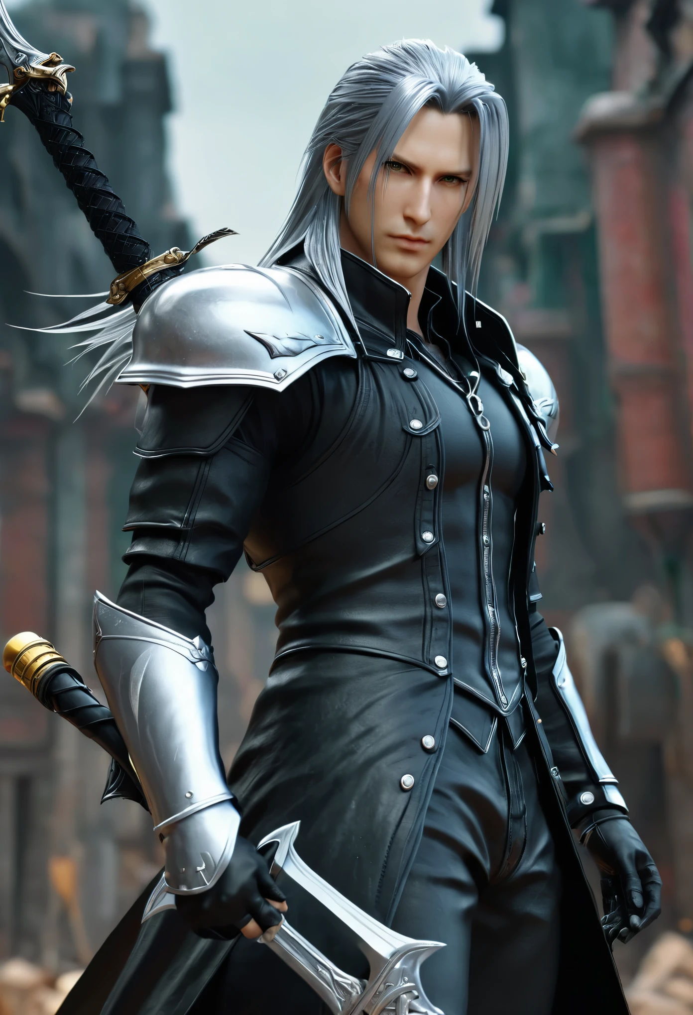 A realistic full body image of a Sephiroth from FFVII Rebirth, in a war background, detailed face, detailed eyes, perfect composition, beautiful detailed intricate insanely detailed octane render trending on artstation, 8k, masterpiece