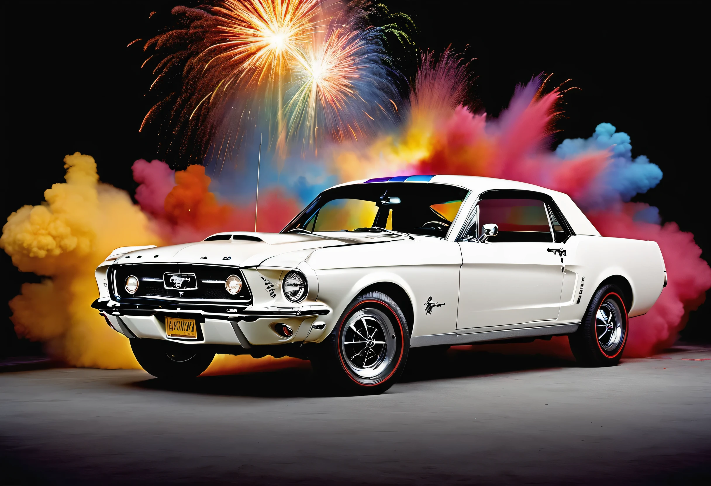 Ford Mustang, 1967, couleur blanc, photo studio fond noir, vue de face, multicolored explosions in the background