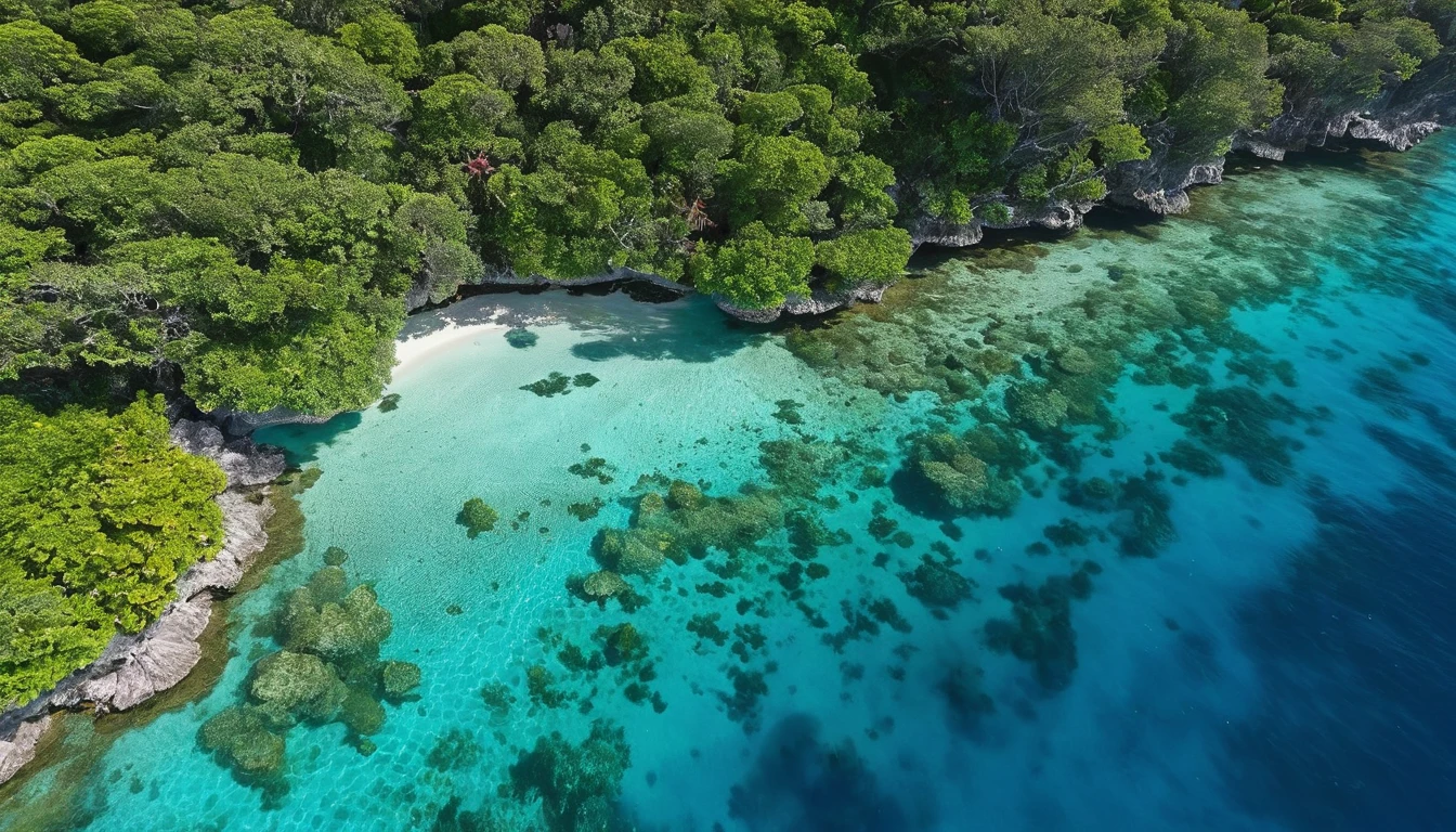 A mesmerizing aerial drone photograph of a pristine underwater landscape. The crystal-clear waters are filled with vibrant coral reefs and diverse marine life. The drone's lens captures the intricate dance of colors beneath the surface, with sunlight casting ethereal patterns on the flora and fauna. The underwater topography is revealed, highlighting breathtaking drop-offs and hidden caves. The overall atmosphere of the image is tranquil yet dynamic, immersing viewers in the enchanting world beneath the waves.