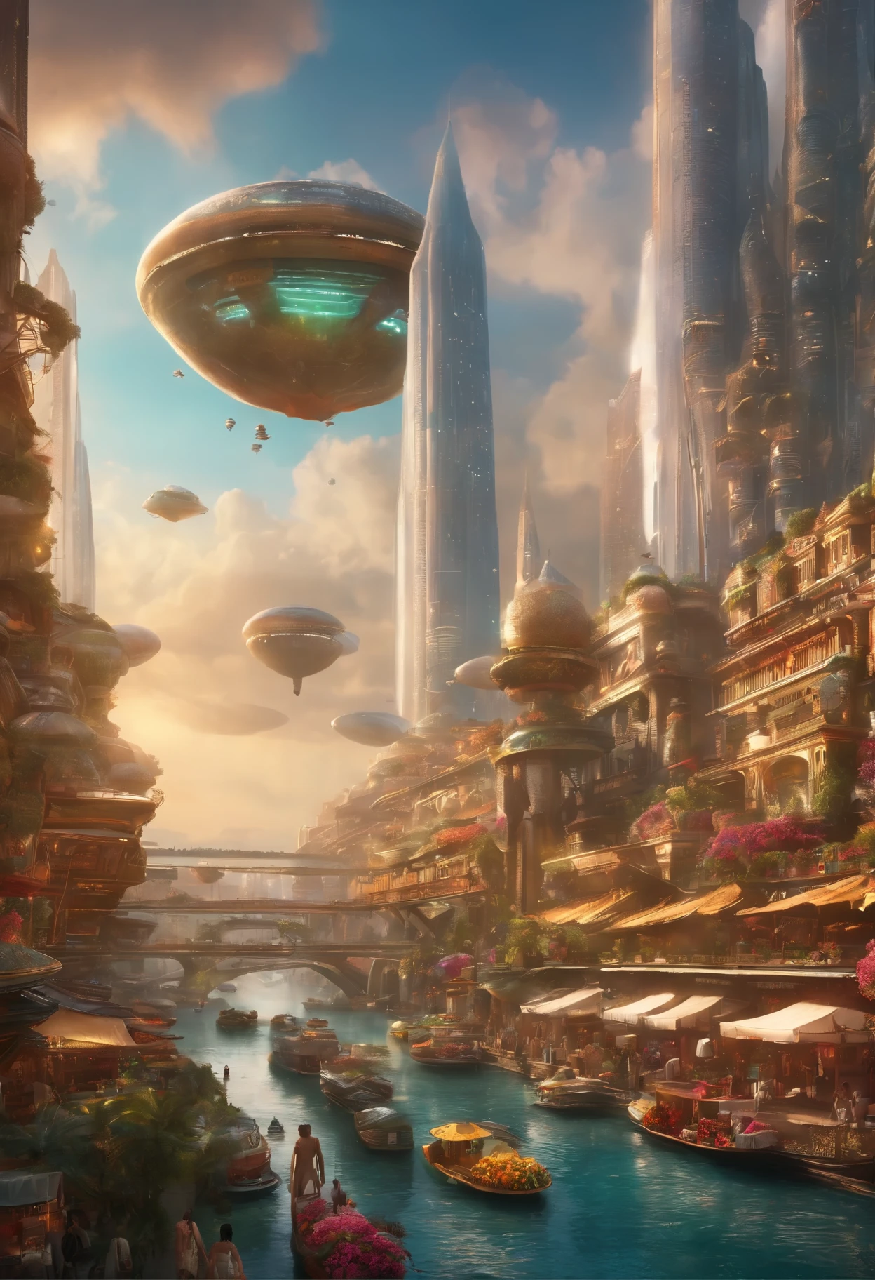 Bustling futuristic cityscape，Floating skyscrapers and levitating cars zip between them. There is a huge open-air market in the city center, Full of colorful stalls，Various exotic alien merchandise for sale. The overall tone is relaxed and whimsical