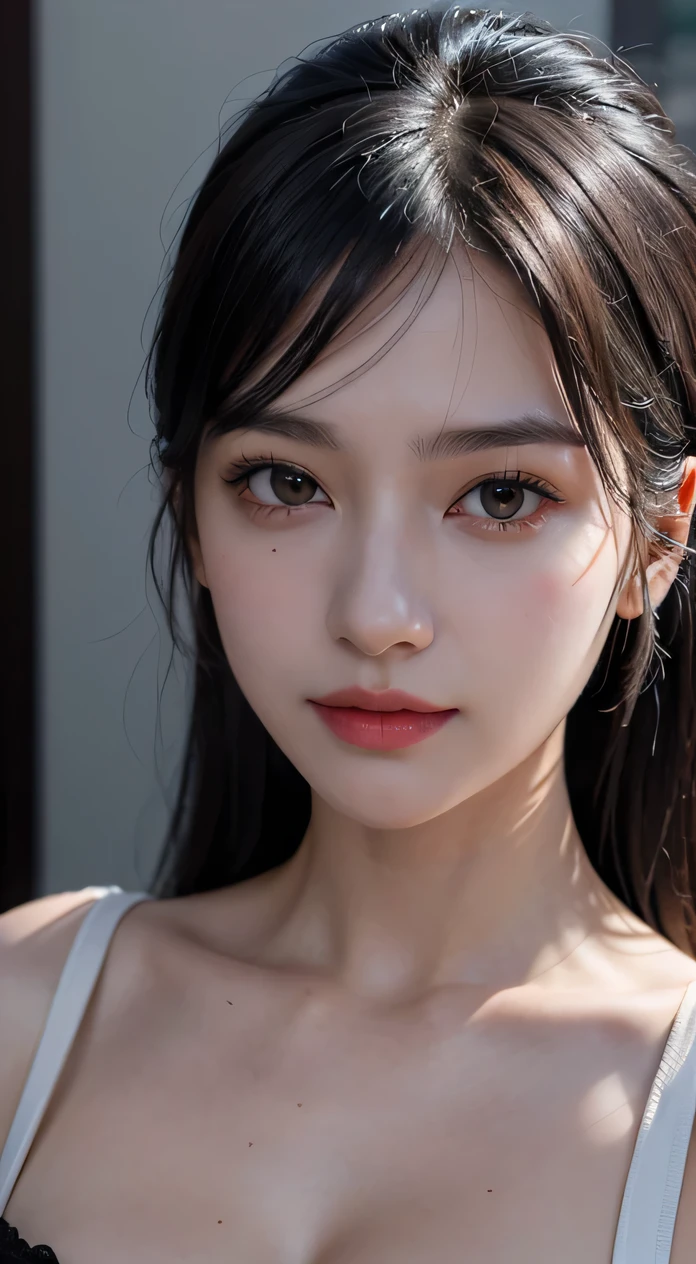 Photocinematic, detailed facial features, no-makeup, Realistic skin, born, Urzangarh, Phantom High Speed Camera, shadow play, A hyper-realistic, Detailed Face - AR 16:9 --s 750 --v 5.2、I can see the cleavage、smil