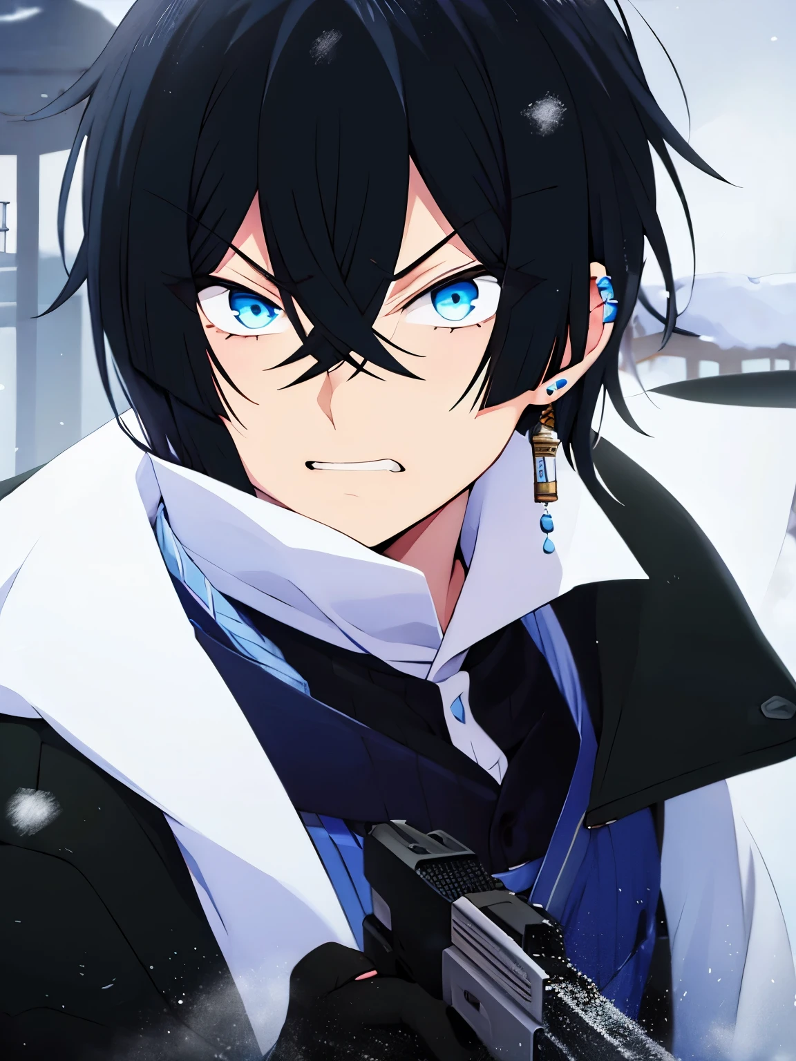 1boy,vanitas no carte,angry expression,Teeth showing, annoyed expression,Holding a firearm, shooting,Aiming at the viewer, at the north pole, snow storm