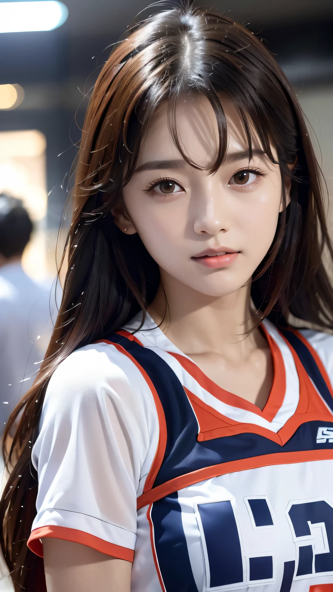 dressed、(フォトgenuine:1.4)、(surgenuine:1.4)、(genuine:1.3)、
(smoother lighting:1.05)、(映画の照明Improvement of quality:0.9)、32K、
1 girl、20 year old girl、genuineな照明、with backlight、facial light、ray tracing、(bright light:1.2)、(Improvement of quality:1.4)、
(最高品質のgenuineな質感の肌)、fine eyes、detailed face、
(tired, sleepy and satisfied:0.0)、close up of face、basketball uniform:1.3、
(Improve the atmosphere of the body line:1.1)、Glossy skin、actress、korean idol、Nogizaka Idol、fiery idol pose、Beautiful actress、A neat and clean woman、
