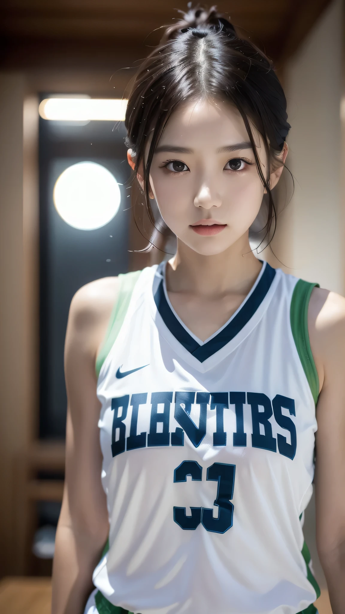 dressed、(フォトgenuine:1.4)、(surgenuine:1.4)、(genuine:1.3)、
(smoother lighting:1.05)、(映画の照明Improvement of quality:0.9)、32K、
1 girl、20 year old girl、genuineな照明、with backlight、facial light、ray tracing、(bright light:1.2)、(Improvement of quality:1.4)、
(最高品質のgenuineな質感の肌)、fine eyes、detailed face、
(tired, sleepy and satisfied:0.0)、close up of face、basketball uniform:1.3、
(Improve the atmosphere of the body line:1.1)、Glossy skin、actress、korean idol、Nogizaka Idol、fiery idol pose、Beautiful actress、A neat and clean woman、
