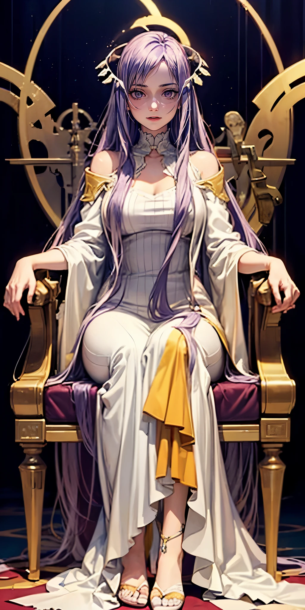 quinella, long hair, light purple hair, purple eyes, long hair, parted bangs, very long hair, hair ornament, 1girl, sitting, solo, jewelry, earrings, throne, dress, full_body, bare_shoulders, looking_at_viewer, crown, breasts, white_dress, simple_background, (shaded face:1.2), hollow eyes, purple eyes, looking at viewer, smirk, upper teeth, glowing eyes, "glow effects, godrays, Hand drawn, render, 8k, octane render, cinema 4d, blender, dark, atmospheric 4k ultra detailed, cinematic, Sharp focus, big depth of field, Masterpiece, colors, 3d octane render, 4k, concept art, trending on artstation, hyperrealistic, Vivid colors, extremely detailed CG unity 8k wallpaper, trending on CGSociety, Intricate, High Detail, dramatic"
