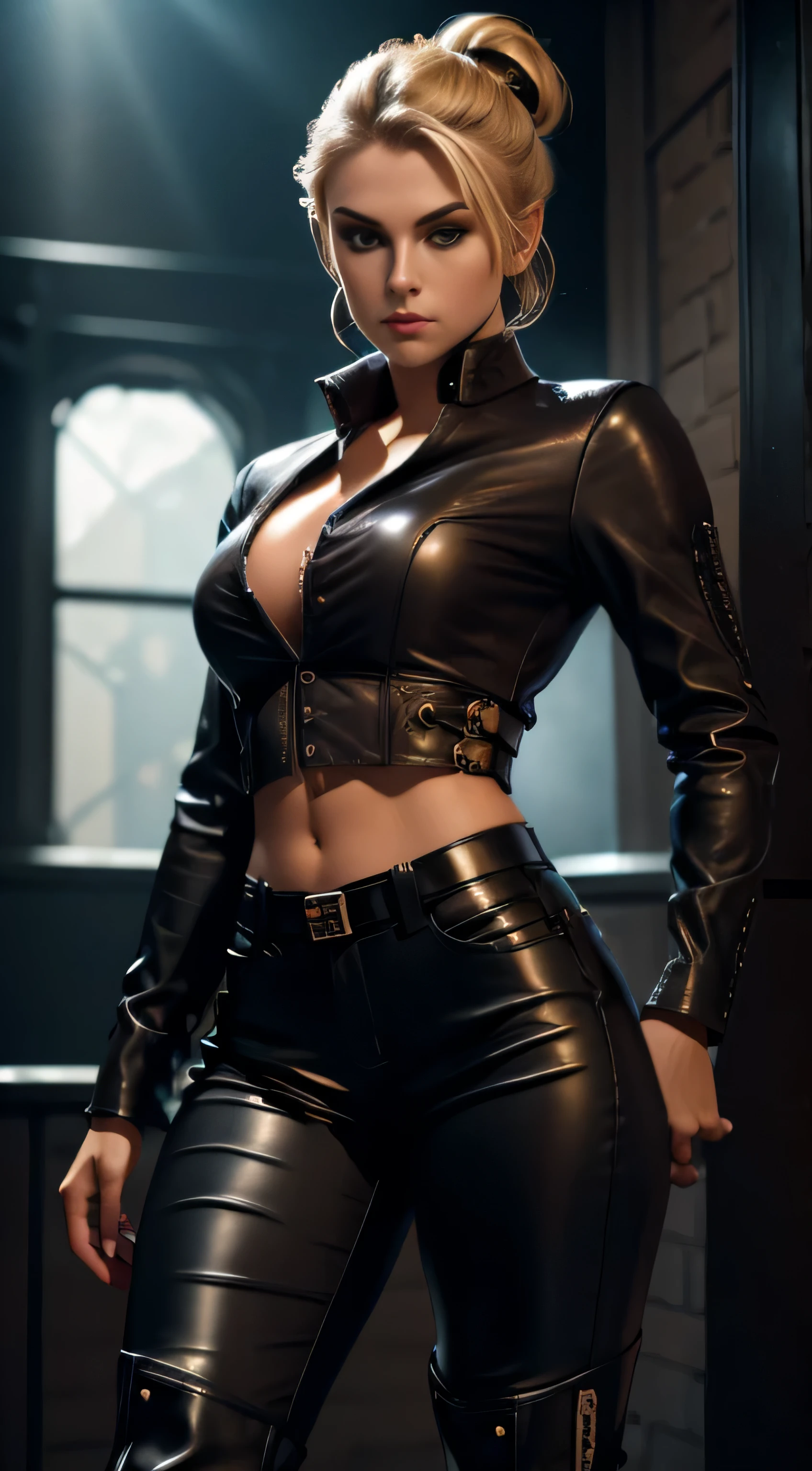 a beautiful 18 year old British female vampire with blonde hair pinned up, wearing a dark brown shirt and black tight leather pants, black boots, front view, full body shot, dynamic pose, ambient lighting, realistic photo, intricate facial detail, intricate hand details, highly detailed, bright colors, cinematic, high definition, trendy Artstation - style raw