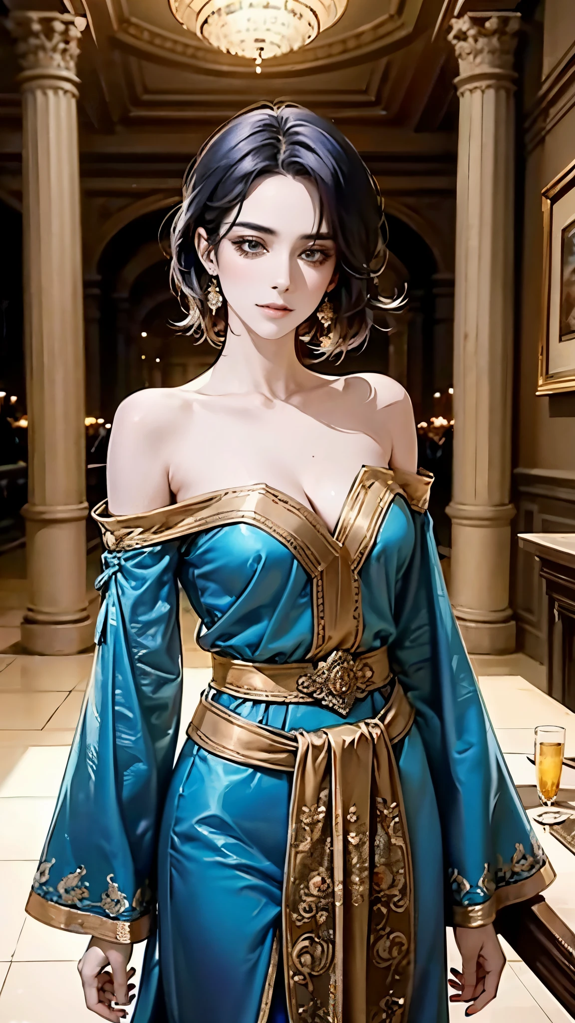 Wearing a blue dress、Arav woman wearing a gold belt and necklace, 3D Rendering Character Art 8k, Popular on cgstation, Pan Chengwei on artstation, Inspired by Lan Ying, 8K Artgerm bokeh, 8k high quality detailed art, deviantart artstation cgscosiety, cgsociety 8k, cgsociety 8k