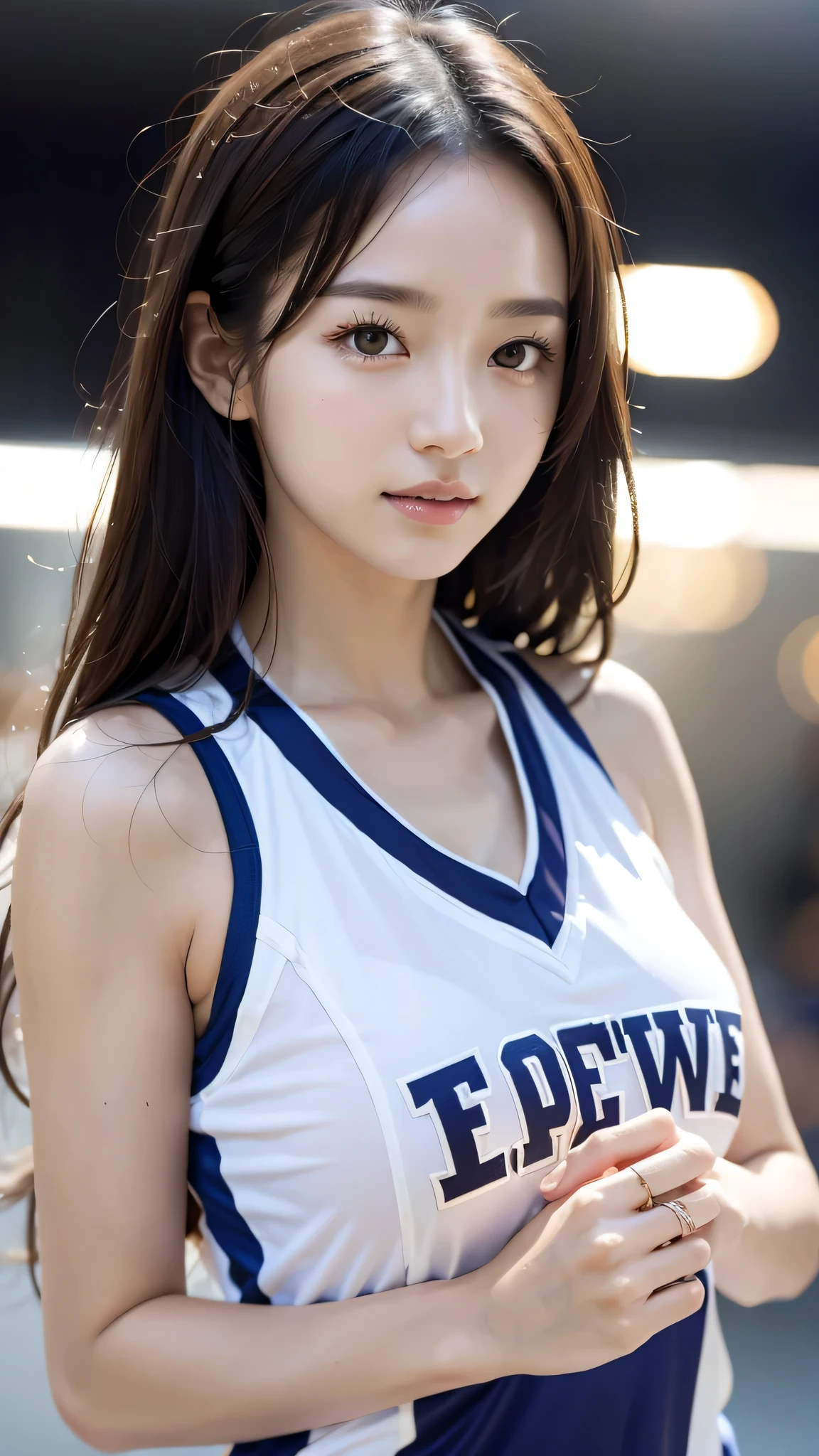 dressed、(フォトgenuine:1.4)、(surgenuine:1.4)、(genuine:1.3)、
(smoother lighting:1.05)、(映画の照明Improvement of quality:0.9)、32K、
1 girl、20 year old girl、genuineな照明、with backlight、facial light、ray tracing、(bright light:1.2)、(Improvement of quality:1.4)、
(最高品質のgenuineな質感の肌)、fine eyes、detailed face、
(tired, sleepy and satisfied:0.0)、close up of face、basketball uniform:1.3、
(Improve the atmosphere of the body line:1.1)、Glossy skin、actress、korean idol、Nogizaka Idol、fiery idol pose、Beautiful actress、A neat and clean woman、