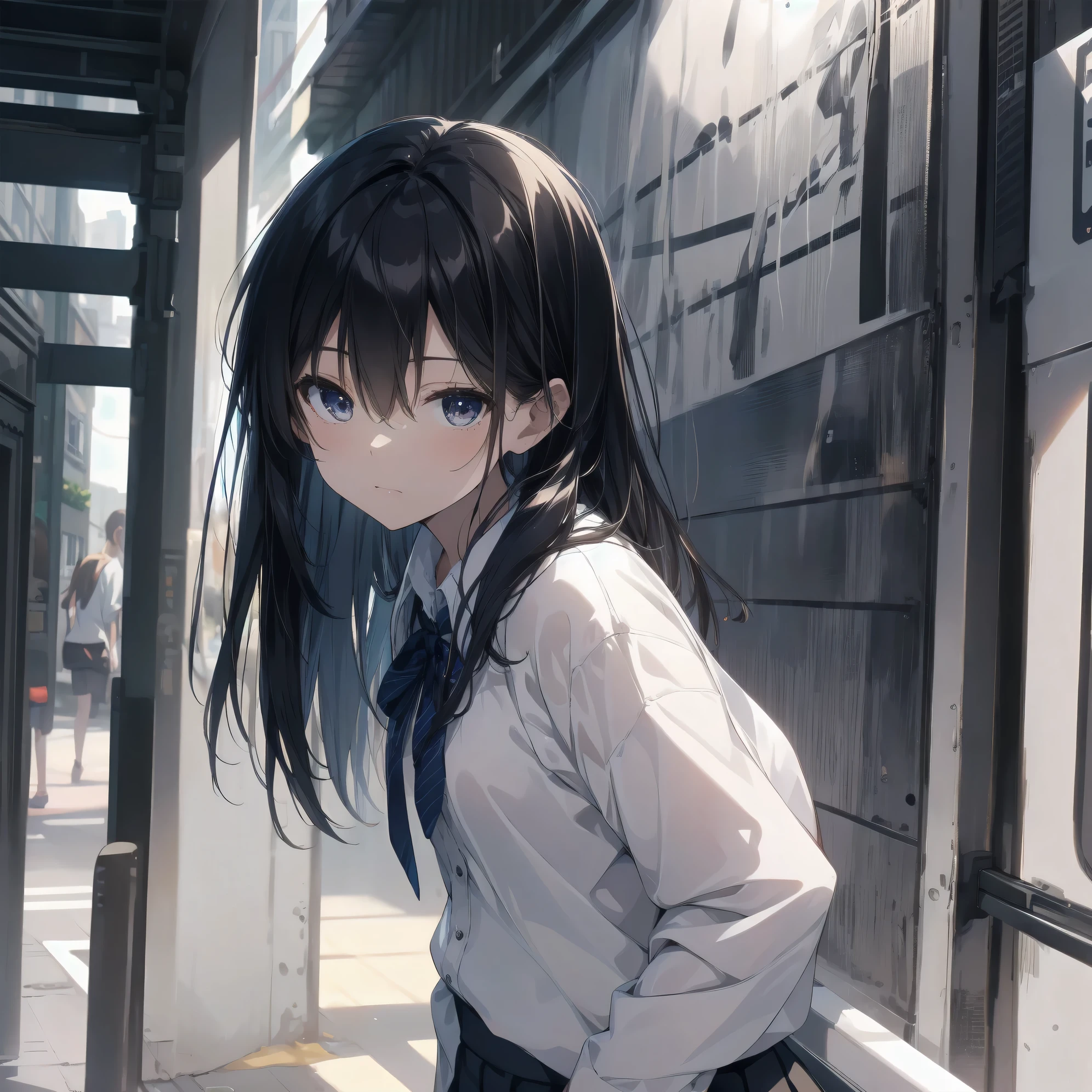 Super absurd quality by the god of art, super detailed, High resolution, anime moe art style, Best Anime 8K Kona-chan Wallpaper, pixiv contest winner, perfect anatomy, break,(眠そうにalone学校へ行く女の子を描いてください. )break,1 girl, (alone,little woman, 13 years old:1.3),All limbs, full finger,, The charm of an immature body, (very_short hair), bangs,flat chest, small ass, between legs, small eyes, small black eyes, detailed and beautiful eyes, Well-proportioned iris and pupils, expressive eyes, High resolutionの詳細な髪, neck ribbon, skirt, collared shirt, pleated skirt, school uniform, school bag,(detailed lighting), (detailed background),  On the way to school. break,super dense skin, Best cinematic lighting powered by famous artist, 8k,beautiful illustrations,photoshop_(Moderate),Absurd Hi-Res,Hmm,rough skin,break,((artist:dark black,)) artist:Rinzo, artist:mitsumi misato,artist:akinashi yuu 