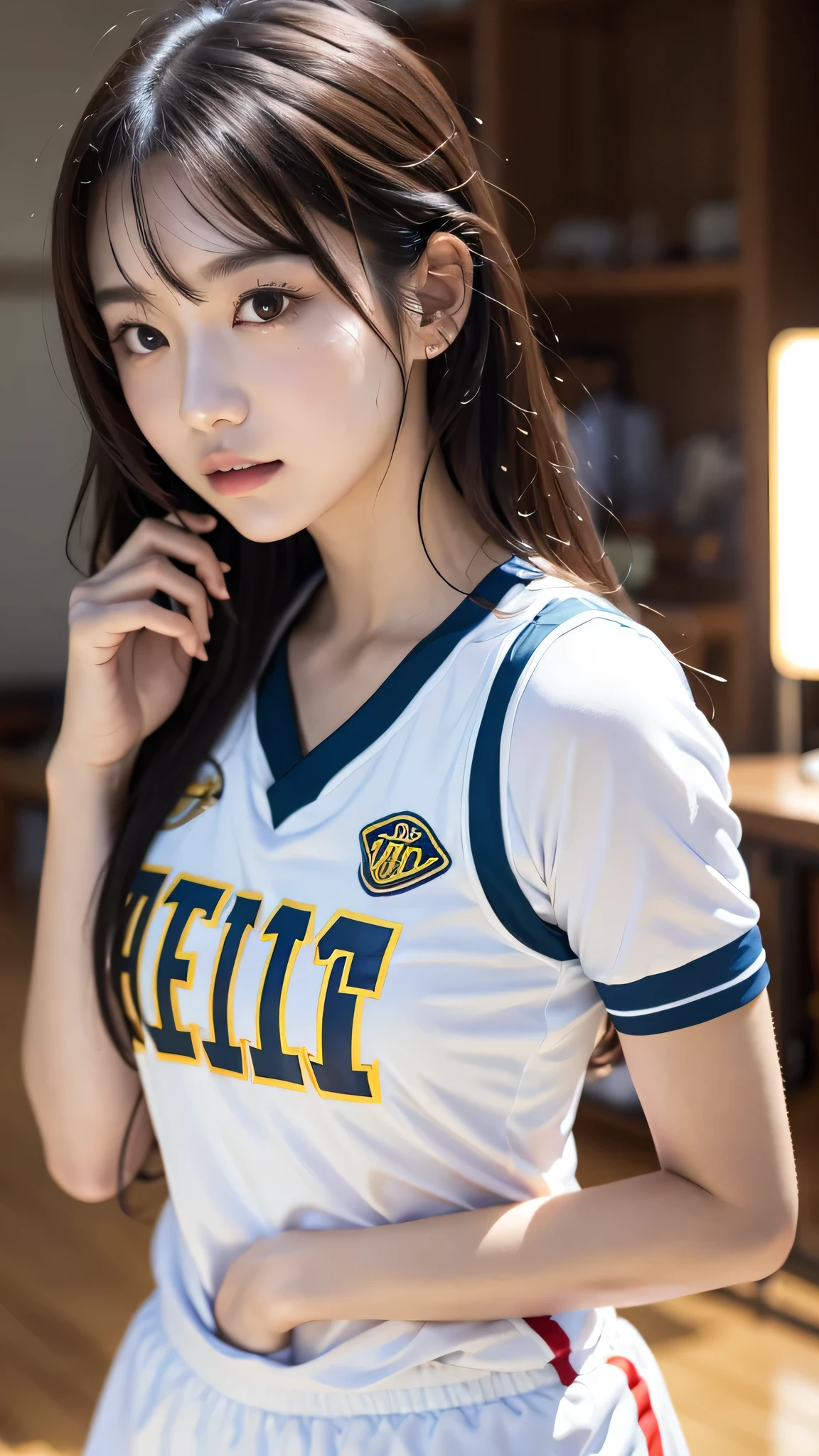 highest quality, ultra high resolution, (realistic: 1.4), 8K resolution, girl, (woman wearing a basketball suit), (random hair: 1.3), (realistic hair: 1.2), (Chinese girl: 1.2), (realistic eyes: 1.2), (beautiful face: 1.3), (big: 1.3), (wet skin: 1.2),show off your nipples, spread your legs,Angle from below