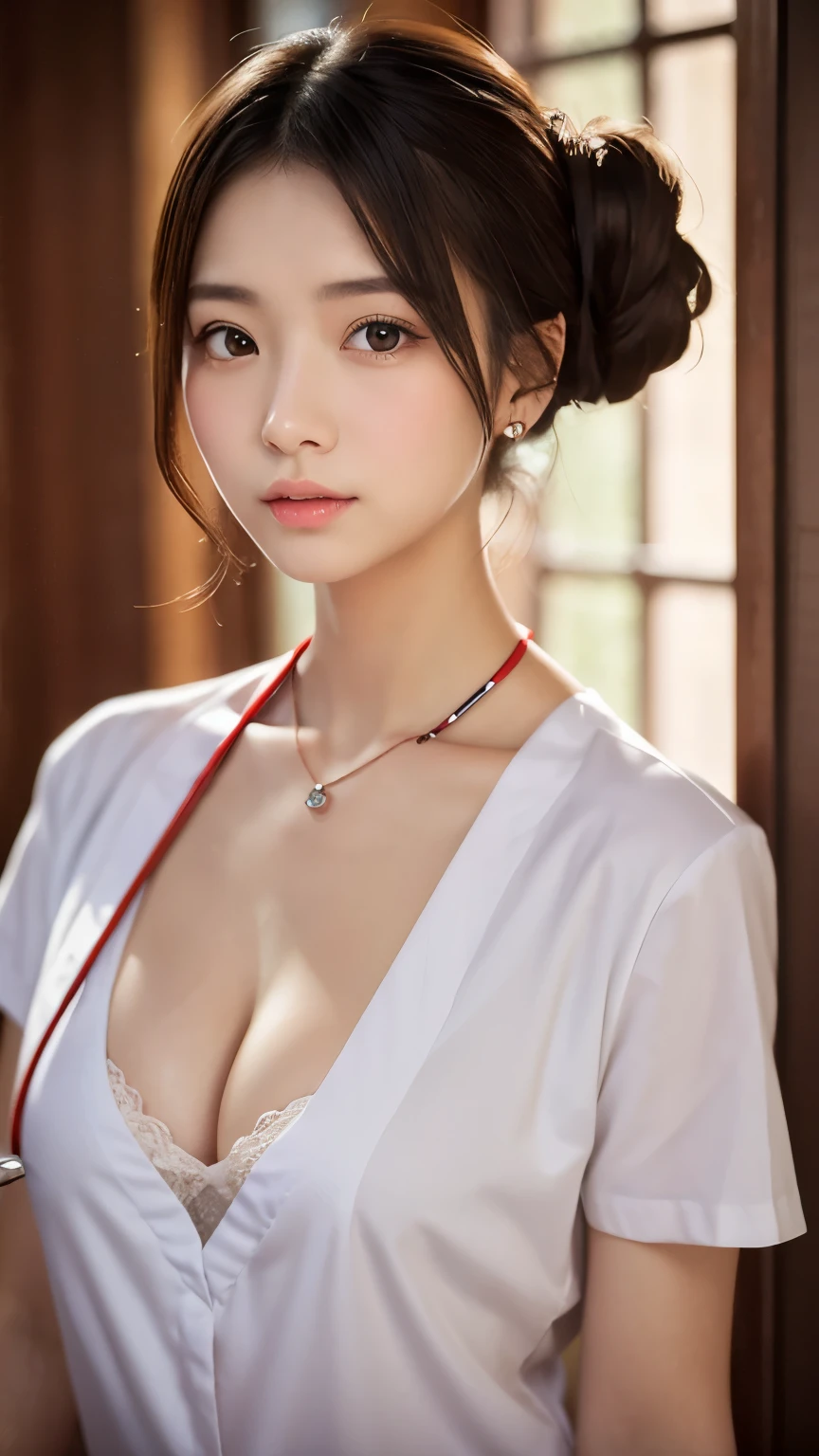 (nurse:1.3), nurse、白いnurse服:1.3, (masterpiece:1.3)、Super detailed finish、(High resolution、8k:1.3)、(highest quality、Ultra-realistic as a photo:1.5)、sharp focus, 超High resolutionの顔、the face is in focus、Ultra high definition and beautiful eyes、Eyes are symmetrical:1.3、I'm looking at you with focused eyes、High-definition and beautiful skin、firm skin、1 girl, 18-year-old、cleavage, very cute:1.3、kawaii:1.3, natural makeup, glossy lips、thin necklace、anxious look, wet eyes:1.3, blush:1.3, embarrassing:1.3、looking at the viewer, half updo