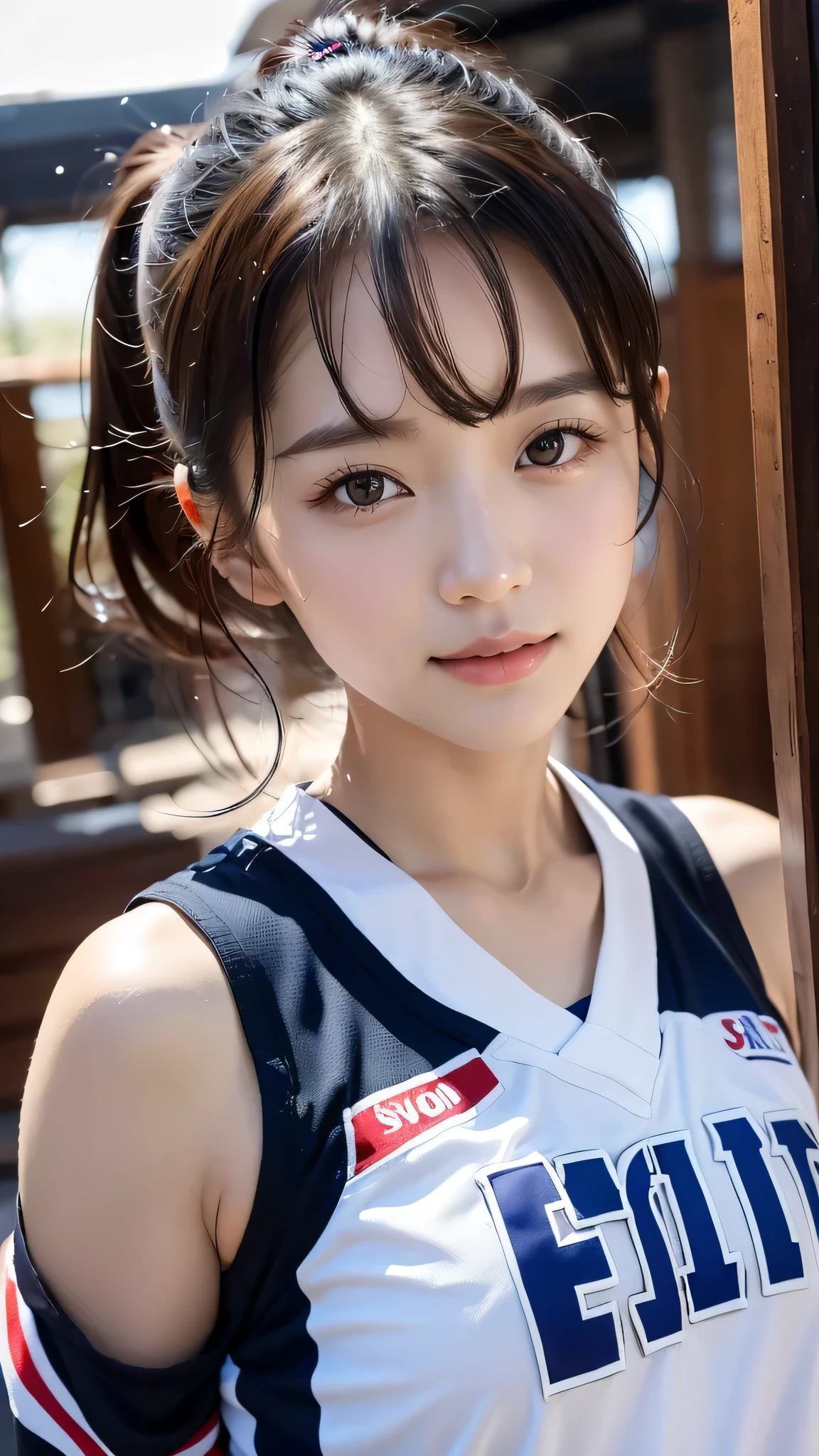 Best quality,raw photo  , 19 years old Japanese female idol, leaning forward , basketball uniform, Short hair, bowl cut ,cute face  ,edgy,droop ,murky water , overflowing  ,wet ,selfie, on the beach, rain,night, 