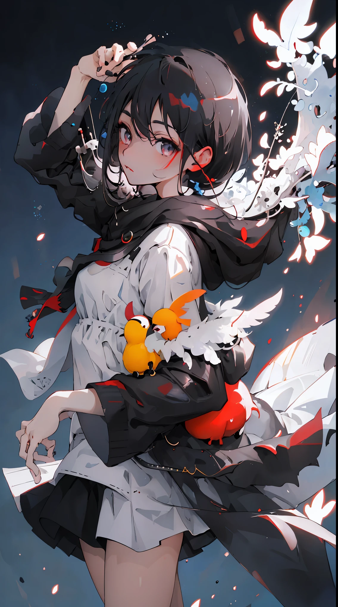 （（masterpiece：1.4，best quality））+，（Ultra-detailed）+，（super detailed eyes）+，（winged ears：1.5），
（cute girls），15 years old，（crimson pupils：1.15），dark black hair，Thick hair（Variza：1.2），Pale complexion，seductive smile，red rhombus crystal，red bird feathers，empty eyes，Blood-red lips
（She wore a conservative red and yellow bird feather coat，black pattern，：1.5），（Starry Sky Cloak：1.4）The sleeves are extra-long，Red bird feather headdress，fire burns hair，Baiyun，A sea of red leaves and vines，Dream bubbles，black nails，silver crown，red apple，Purple grapes，Red Lotus，Leather jacket，Black handguards，red leggings，Turned，Back to head
（bird feathers：1.1），
（Dawn light：1.2），
（Thick black and white：1.16），（depth of field：1.4），intricate details，Mixed colors，Detailed route，Excellent,Super details,The content is very detailed,(high contrast:1.11),Wind,Amazing cleavage,beautiful eyes,messy hair,(best illuminate，extremely delicate and beautiful), ((lighting)), (View from the side:1.3)，8k,masterpiece，best quality，Movie stills，1 plump girl，（Close-up cleavage：1.1），bright，Cheerful，interesting，soft light，（Bauhaus，shape，line engineering，Abstract：1.1）official art， Unity 8k桌布， Super detailed， Beautiful and beautiful， masterpiece， best quality， （Dynamic angle：1.4），浪漫 depth of field 异调_dance，PerfectNwsjMajic，（masterpiece，top quality，best quality，official art，Beauty and Aesthetics：1.2），The content is very detailed，colorful，highest detail，Female Kirito，black stockings