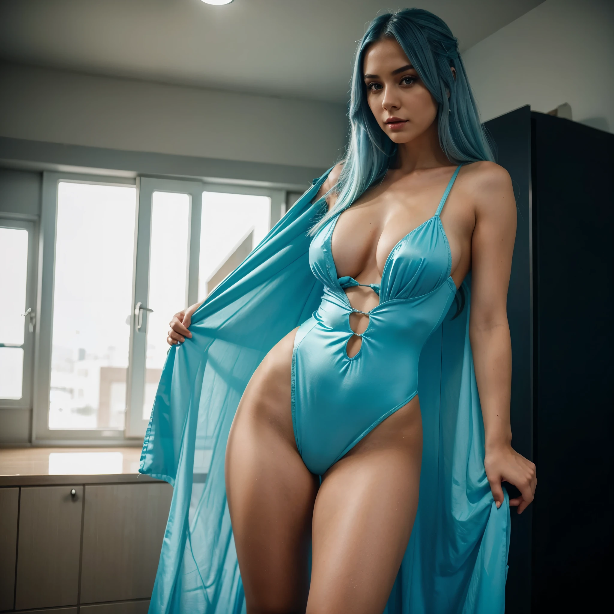 Hot 23 year old woman with long light blue hair wearing a sexy fancy dress outfit, hyper realistic, ultra detailed, cinematic photography, HDR