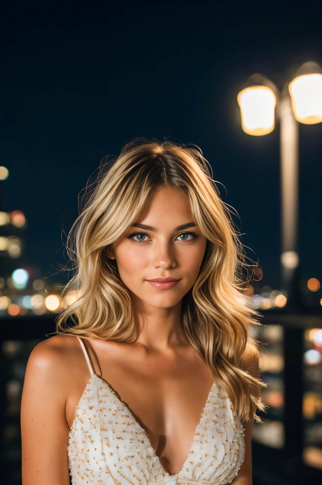 RAW uhd closeup portrait of a 24-year-old blonde, natural blonde hair, locks, wavy, (brown-eyed woman) in an apartment, new york background, night starry sky, ,breasts naturais_b, city night background, (red summer dress), (neckline), detailed (textures!, hair!, brightness, color!, imperfections:1.1), highly detailed bright eyes, (looking at the camera),  specular lighting, dslr, ultra quality, sharp focus, sharp, dof, film grain, (centered), Fujifilm XT3, crystal clear, center of frame, cute face, sharp focus, light pole, neon lights, bokeh, (dimly lit), low key, at night, (night sky)