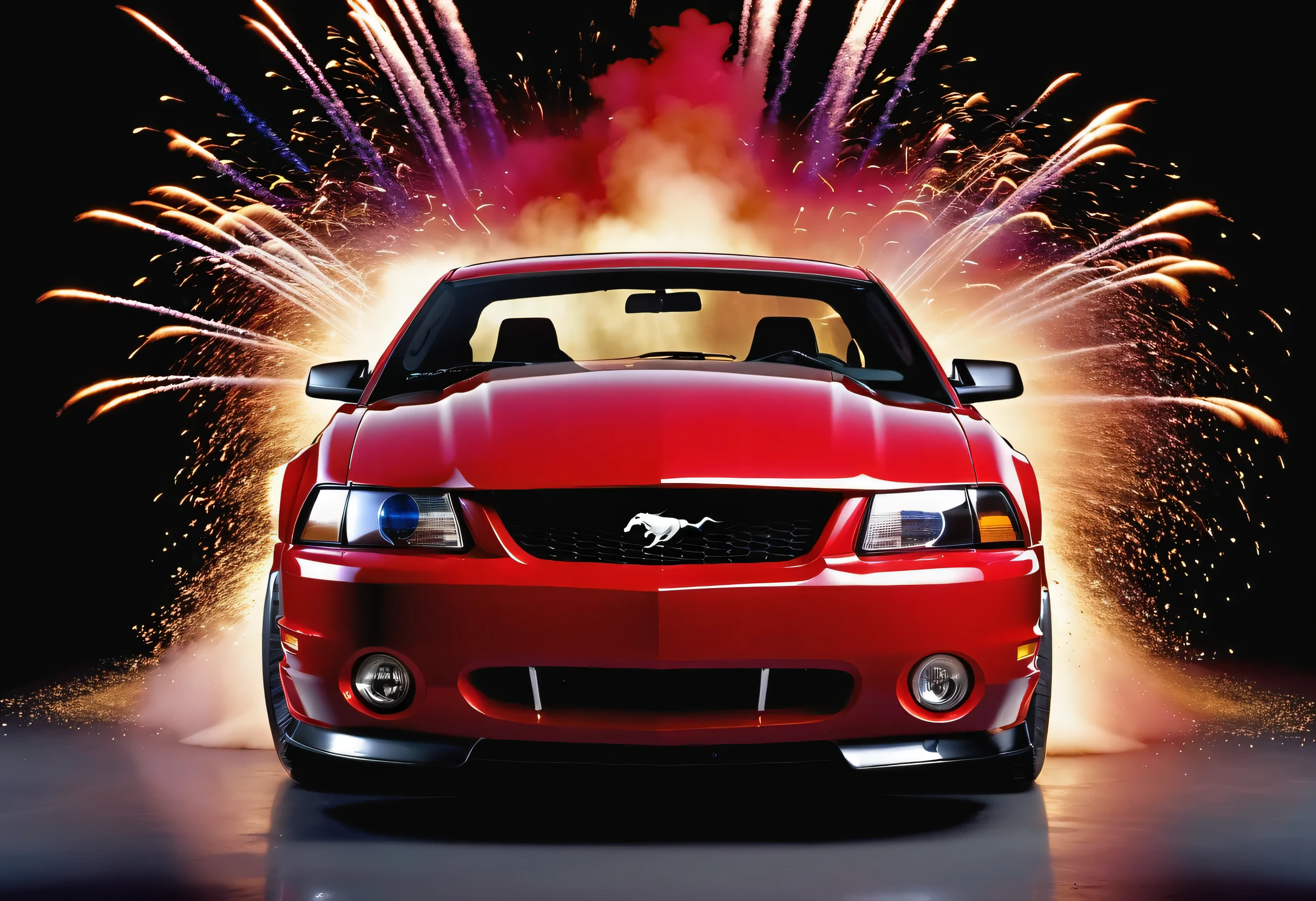 Ford Mustang SVT Cobra, 2000, couleur rouge, photo studio fond noir, vue de face, multicolored explosions in the background