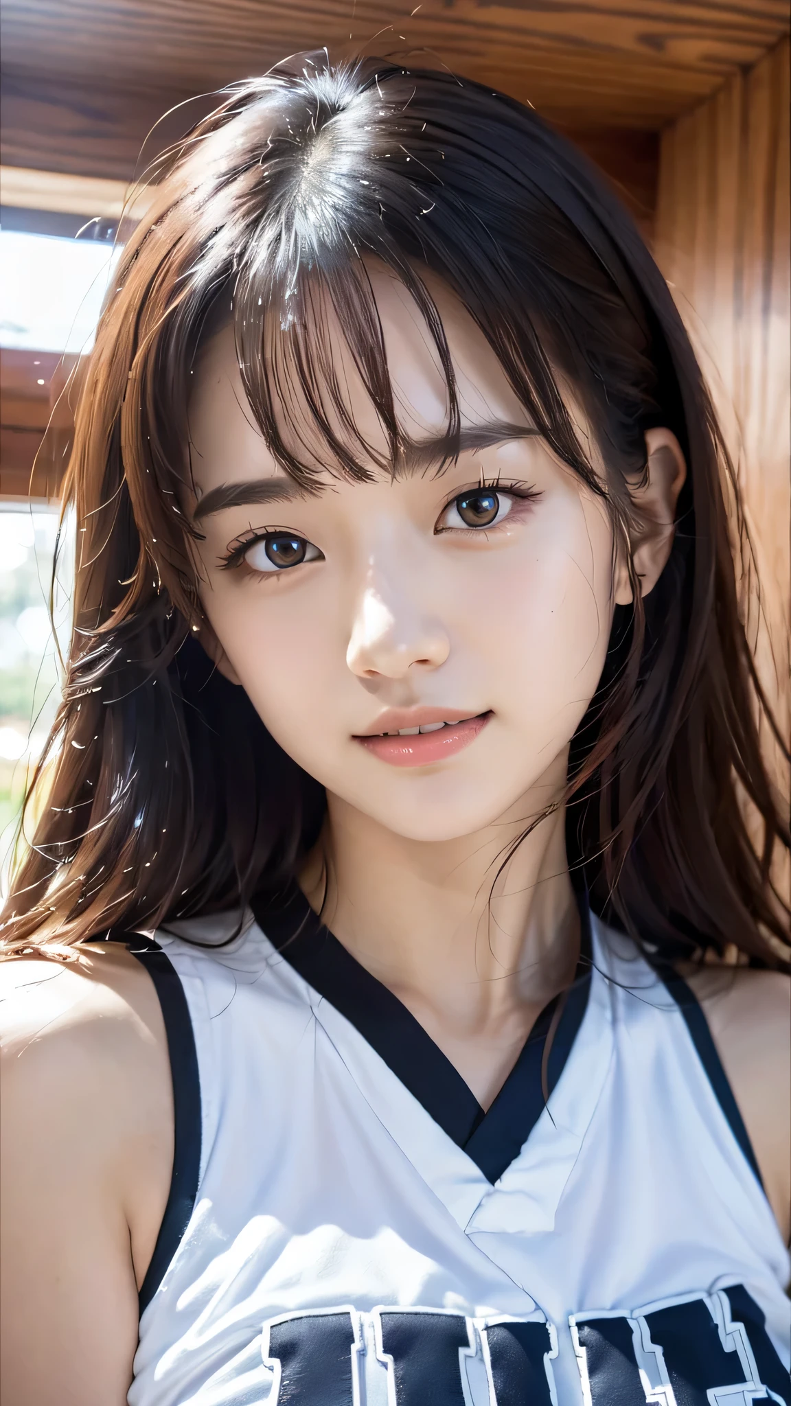 dressed、(フォトgenuine:1.4)、(surgenuine:1.4)、(genuine:1.3)、
(smoother lighting:1.05)、(映画の照明Improvement of quality:0.9)、32K、
1 girl、20 year old girl、genuineな照明、with backlight、facial light、ray tracing、(bright light:1.2)、(Improvement of quality:1.4)、
(最高品質のgenuineな質感の肌)、fine eyes、detailed face、
(tired, sleepy and satisfied:0.0)、close up of face、basketball uniform:1.3、
(Improve the atmosphere of the body line:1.1)、Glossy skin、actress、korean idol、Nogizaka Idol、fiery idol pose、Beautiful actress、A neat and clean woman、smile、big breasts