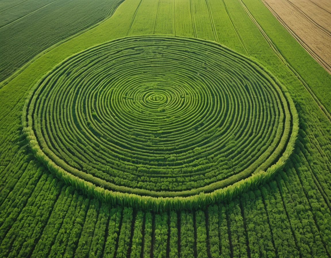 A captivating aerial drone shot of a vast American cornfield, with a mysterious crop circle at its center. The rows of corn stretch out in perfect symmetry, forming an intricate pattern that leads to the enigmatic design of the circle. The cornstalks are a lush green, contrasting with the golden hues of the surrounding landscape. Shadows dance across the field, creating an otherworldly atmosphere that envelops the scene. The crop circle, with its intricately woven design, stands out against the sea of crops, inviting viewers to ponder the unknown. The artwork captures the intersection of nature and the unexplained, offering a unique and captivating perspective on the rural landscape.