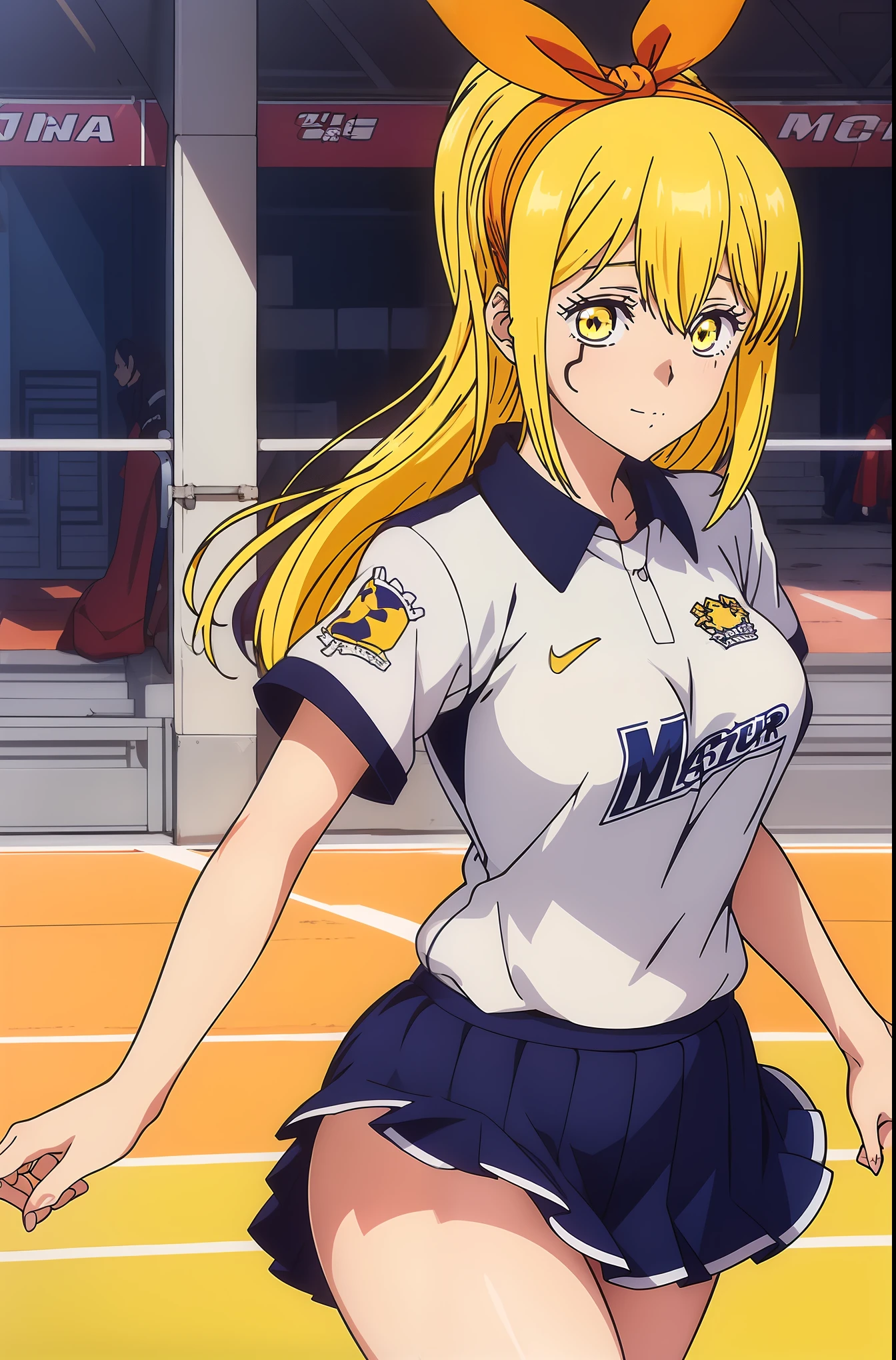 master piece, best quality, 8k, ultra high resolution, highest quality, anime style, best writing, beautiful face, cheerleader clothes, yellow hair band