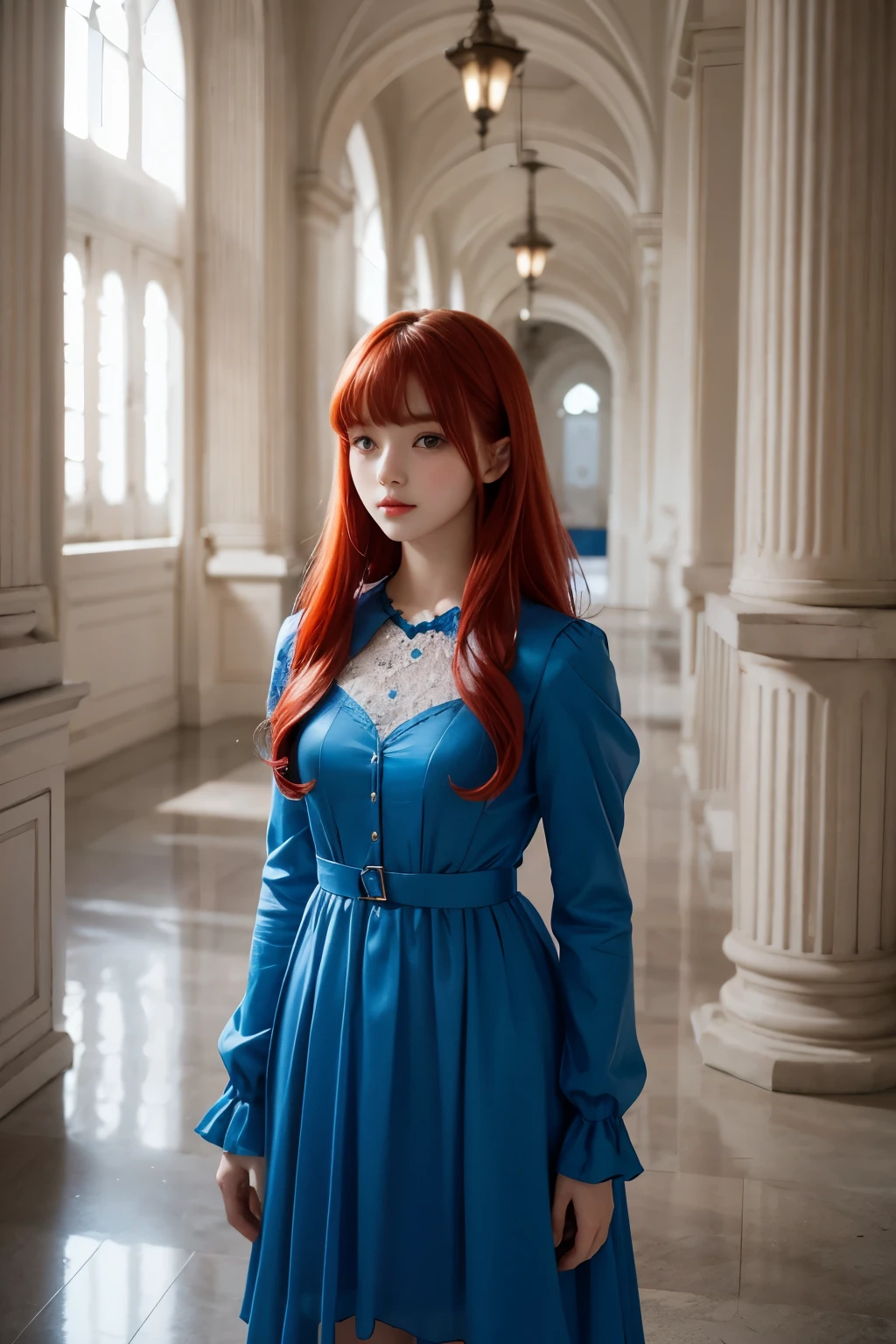 A beautiful woman. . She has her bangs down. red hair. she is wearing a blue dress. She stands in a white palace.