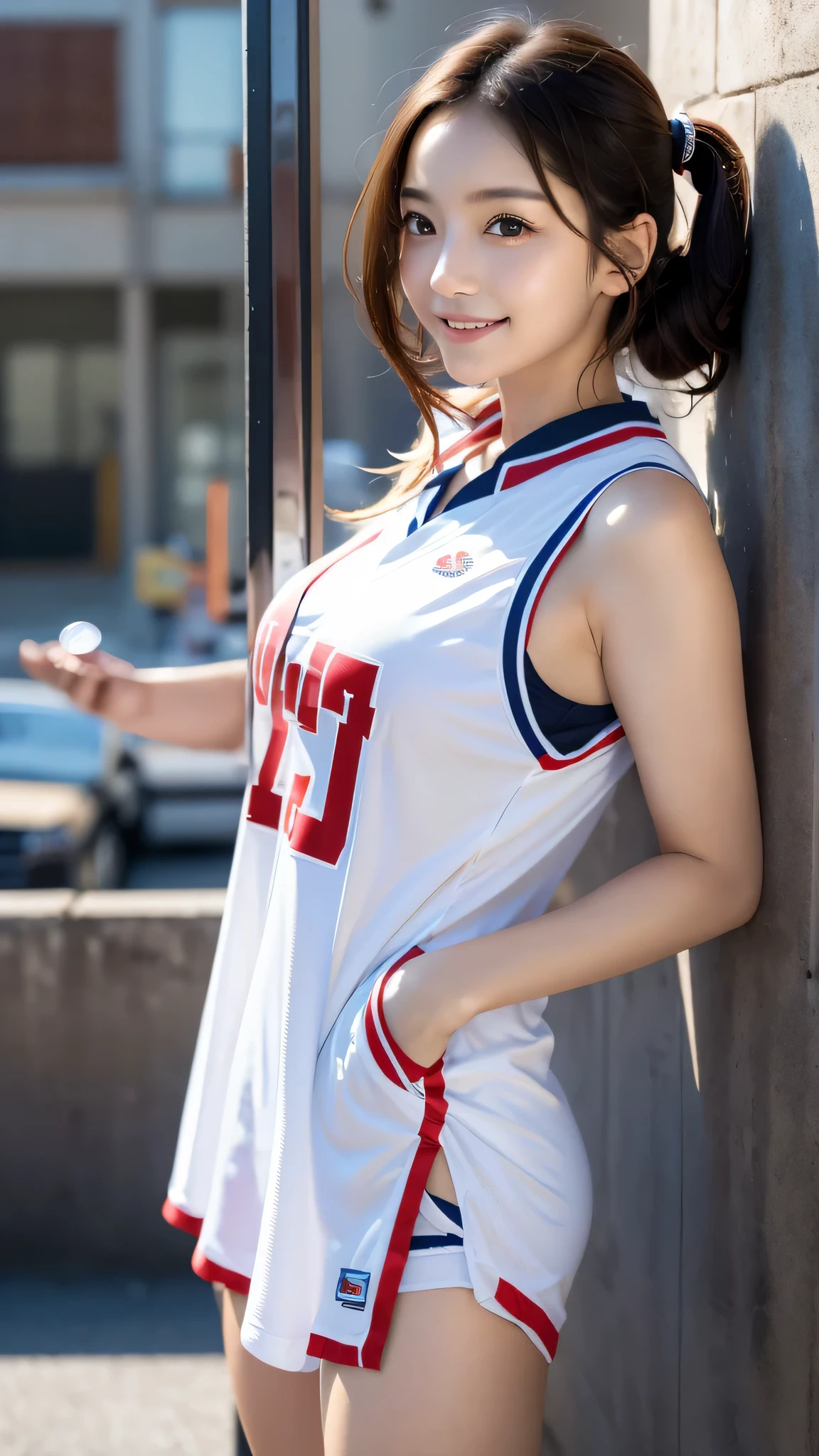 dressed、(フォトgenuine:1.4)、(surgenuine:1.4)、(genuine:1.3)、
(smoother lighting:1.05)、(映画の照明Improvement of quality:0.9)、32K、
1 girl、20 year old girl、genuineな照明、with backlight、facial light、ray tracing、(bright light:1.2)、(Improvement of quality:1.4)、
(最高品質のgenuineな質感の肌)、fine eyes、detailed face、
(tired, sleepy and satisfied:0.0)、basketball uniform:1.3、
(Improve the atmosphere of the body line:1.1)、Glossy skin、actress、korean idol、Nogizaka Idol、fiery idol pose、Beautiful actress、A neat and clean woman、smile、long legs、