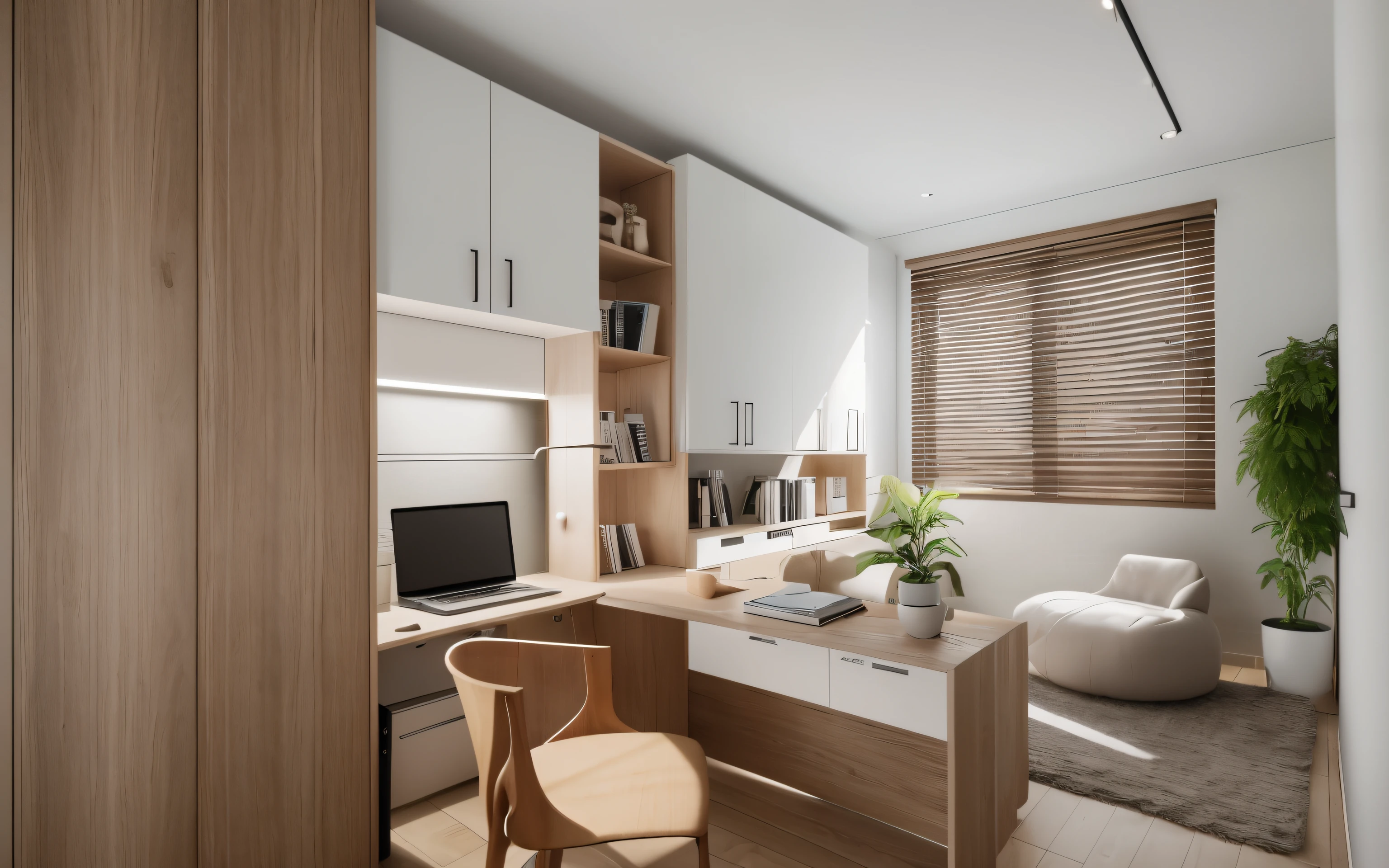 RAW photo, Masterpiece, high quality, best quality, authentic, super detailed, A small modern bedroom with white cabinets, desk and chair for working on the right side of an open plan studio apartment. The cabinet has built-in light strips and shelves above it to store books and stationery items. On one end is a bed that stands up against the wall. There is a window behind the headboard with blinds and wooden slats. In front of them sits a brown armchair with a laptop computer resting on top of its seat cushion. A potted plant rests at ground level, archdaily architecture, (high detail: 1.2), 8k uhd, dslr, soft light, high quality, film grain, Fujifilm XT3