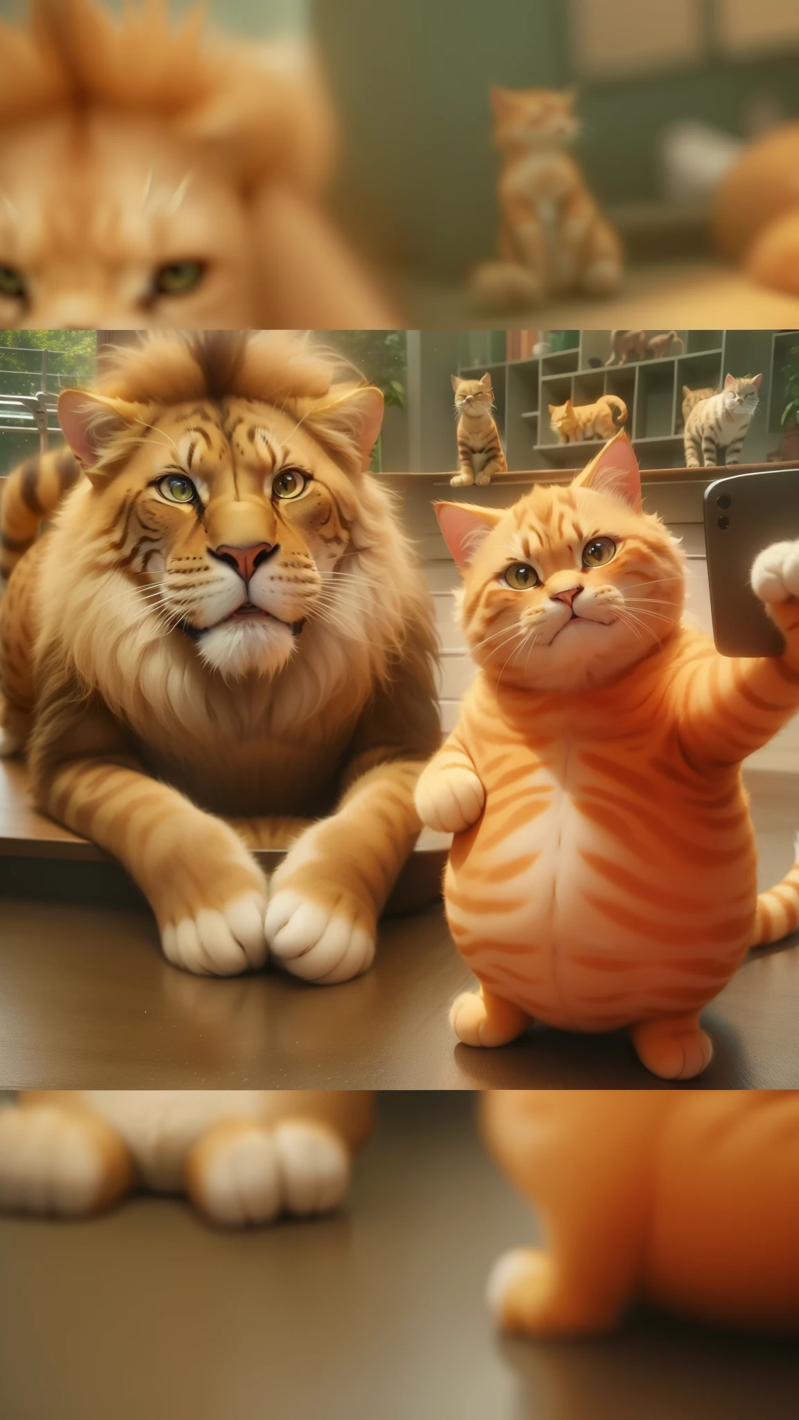 there is a cat and a lion sitting on a table, with garfield the cartoon cat, new cats movie, cats, garfield, garfield the cat, real-life tom and jerry, !!!! cat!!!!, 🐋 as 🐘 as 🤖 as 👽 as 🐳, funny cat, meow, amazing cgi, !!! cat!!!, [ realistic photo ]!!, 2 animals, 8k