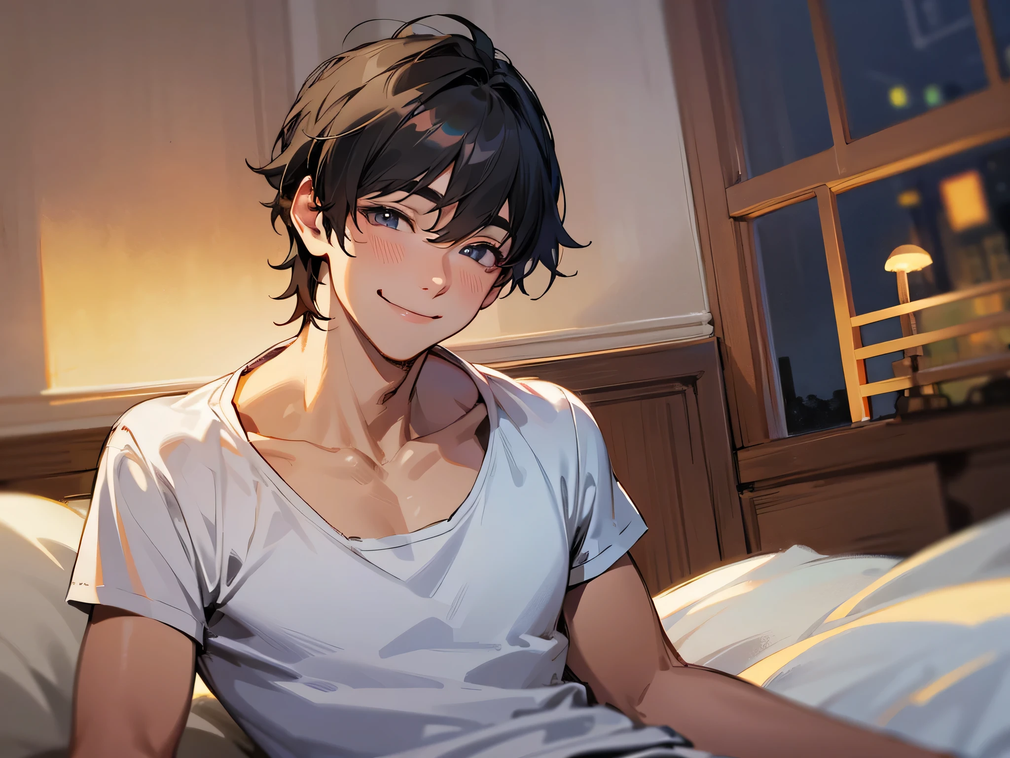 ,male,masterpiece, high quality, 最high quality, hd,perfect lighting, detailed face, detailed body, 1 person, short black hair, white t-shirt, (smile: 1.5), sitting, bed, in the room,((night))