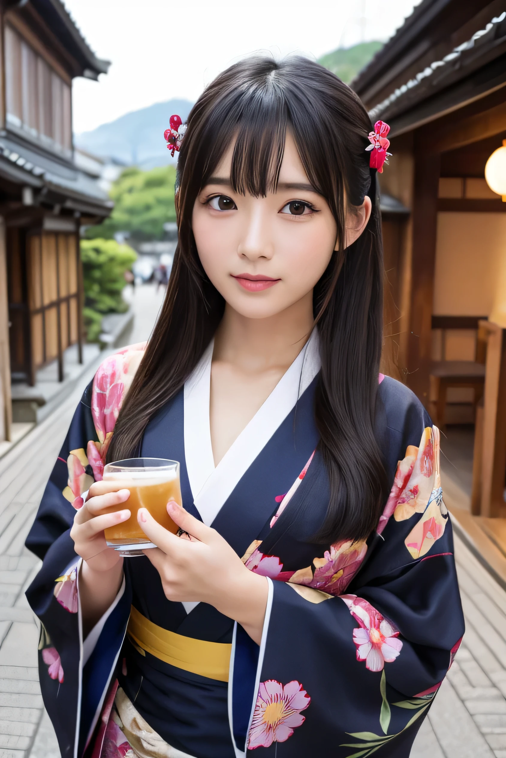 High resolution high quality beauty A woman wearing a yukata at a hot spring inn masterpiece、Highest品質、 long hair 25 years old black hair long hair Kyoto cityscape blush bangs oily skin beautiful イスに座ってお酒を飲んでいる nightの京都 Wet eye movie depicting a Japanese woman with black eyes street genuine tie hair cute adult beautiful Highest night gorgeous hair ornament hairpin kimono kimono 23 year old female small face