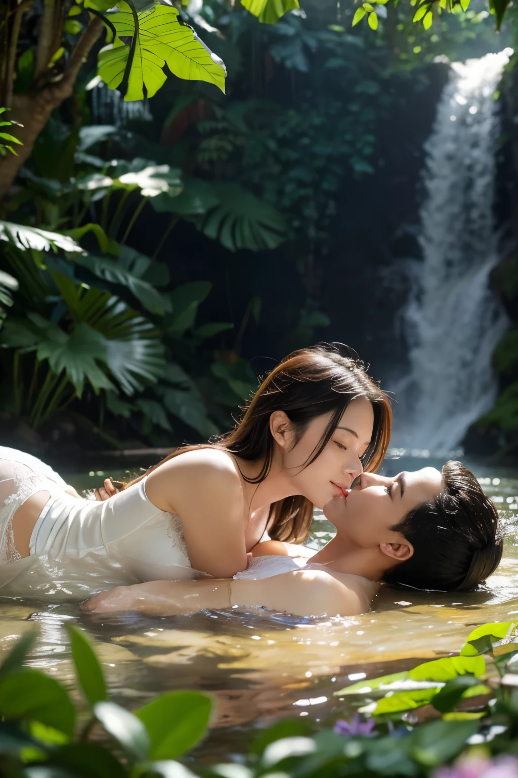 hyper realistic detail photo of gay couple laying and romance kissing on the grass, jungle, waterfall, full color of flowers, soft light, deep focus, bokeh, soft focus, solar flare on the water, The sun is shining through the leaves