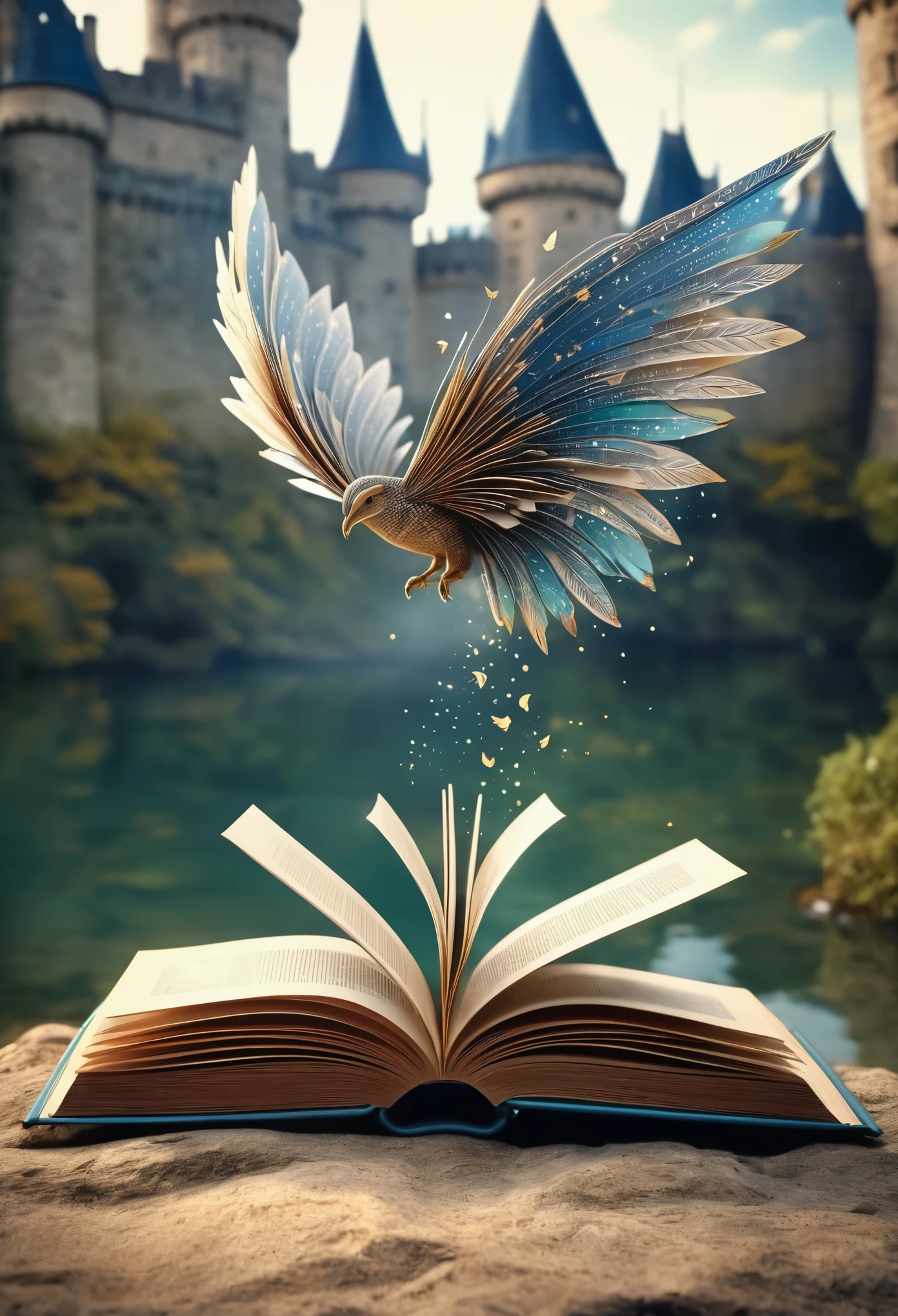 an open book with pages that unfold like wings, symbolizing the freedom of the imagination. Dentro del libro, fantastic elements such as castles could appear, naves espaciales, magical creatures, etc. All this in a design that conveys a sense of mystery and adventure.