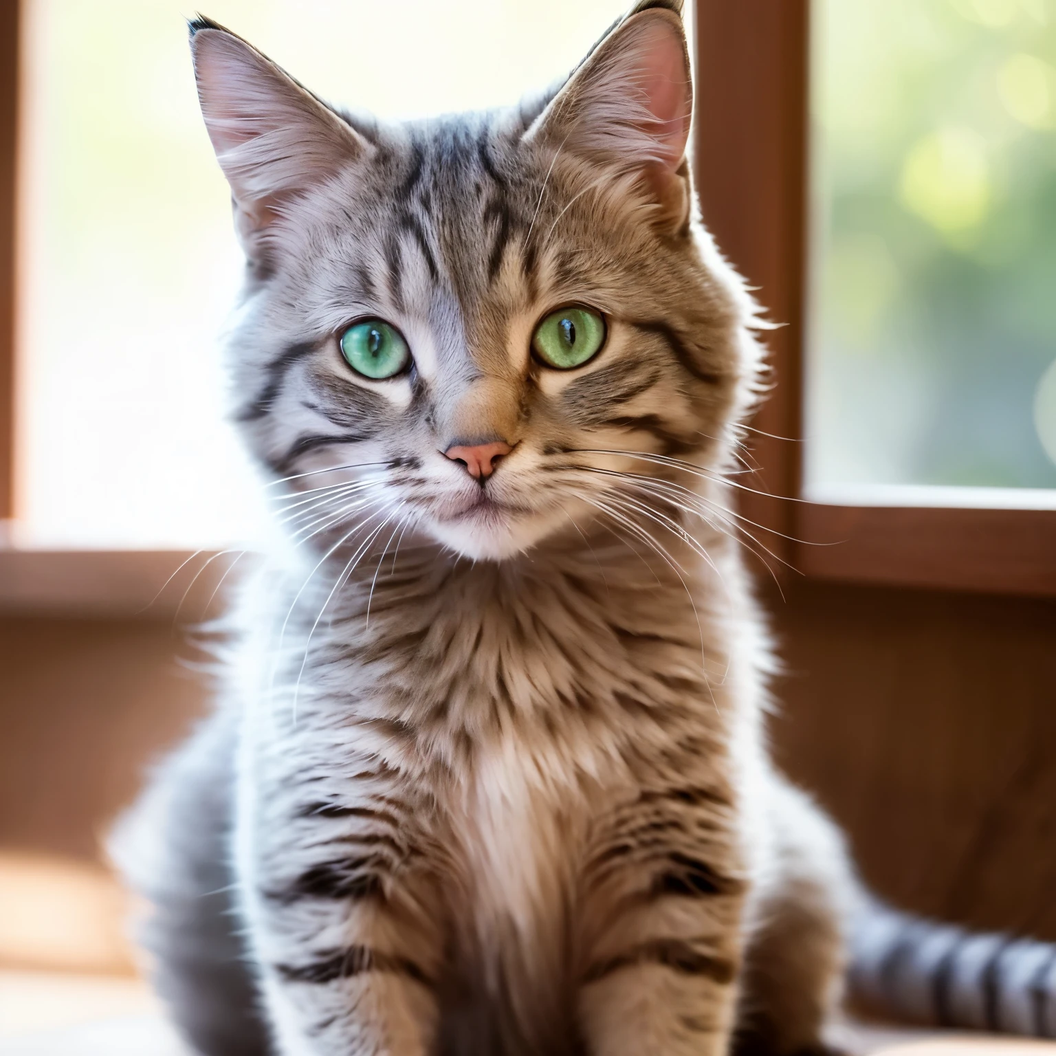 (Masterpiece, best quality), A cat sitting proudly on a windowsill, fluffy gray fur, piercing green eyes, curve of its ear perfectly captured, detailed whiskers, pink nose, open mouth revealing small, sharp teeth, (photorealistic:1.4), high-resolution, 8K, close-up image, serious expression, long tail twisting around its paw, sunbeam illuminating its fur, fine details, best quality, masterpiece.