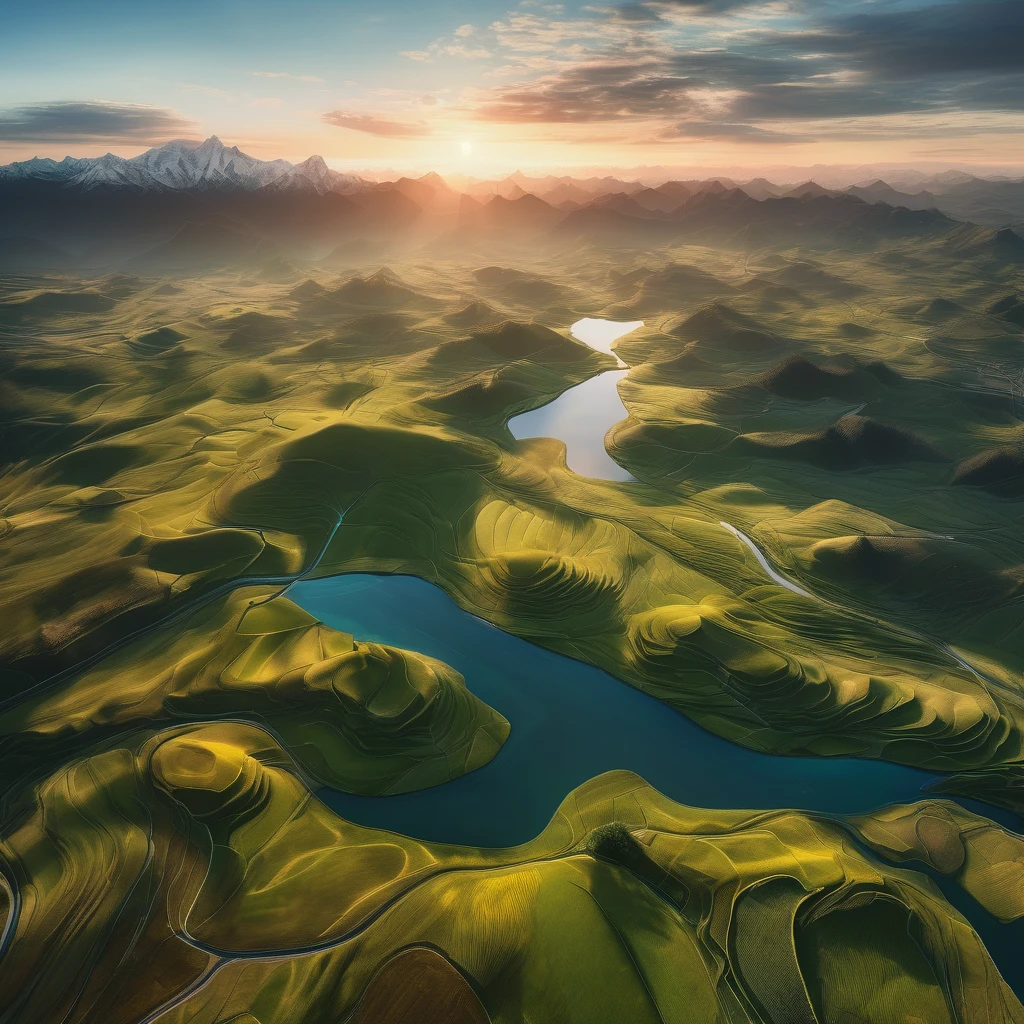 Aerial View, aesthetic, extremely detailed, (best quality,4k,8k,highres,masterpiece:1.2),ultra-detailed,realistic,professional,aerial view,landscape,panoramic view,farmland,rolling hills,majestic mountains,sunlit clouds,vivid colors,soft sunlight,crystal clear river,winding roads,splendid nature,peaceful atmosphere,serene beauty,harmonious composition,strong perspective,distant horizon,impressive depth of field,immersive experience