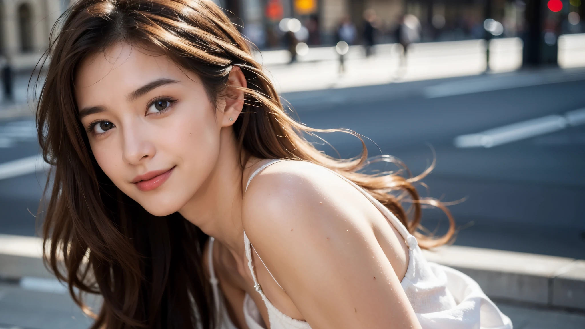 masterpiece, Best Quality, Photorealistic, Ultra-detailed, finely detailed, High resolution, 8K Wallpaper, 1 beautiful woman, light brown hair, sharp focus, Perfect dynamic composition, Beautiful detailed eyes, detailed hairs, Detailed realistic skin texture, Smiling, portrait, Model body type, Take a walk on the street of London,