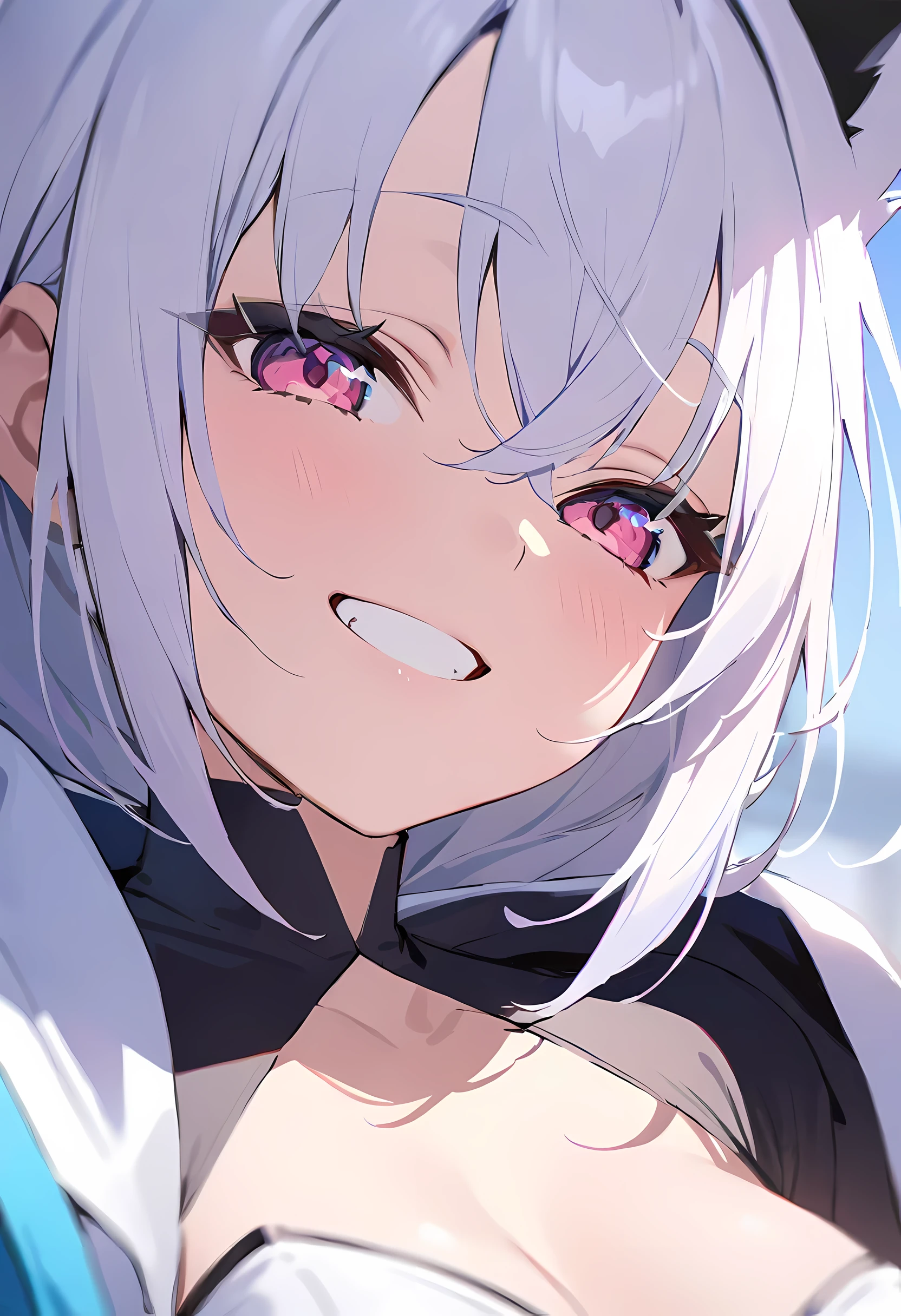 Shirakami Fubuki/(Holographic live broadcast/), ((masterpiece:1.4,best quality))+,(Ultra-detailed)+,(super detailed eyes)+,(Ultra-fine hair)+,pink eyes,smiling girl