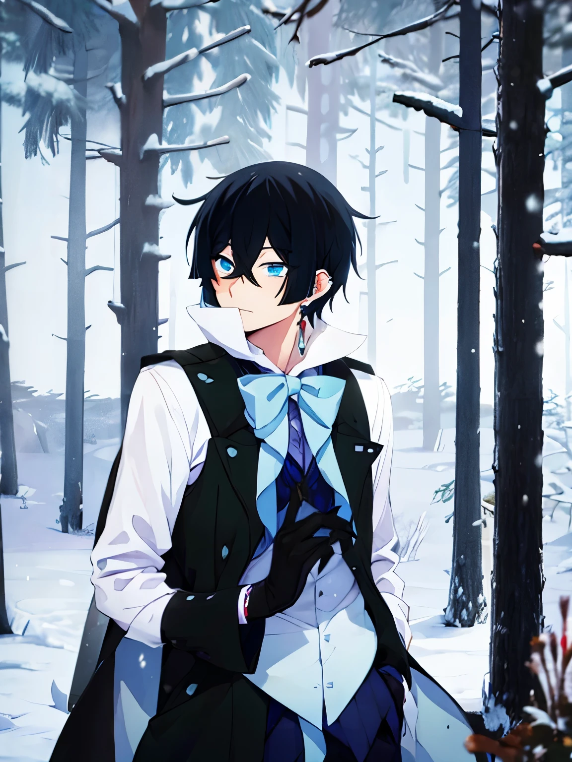 1boy,vanitas no carte,Confused expression, looking around, expression looking for something,at the north pole, snow storm