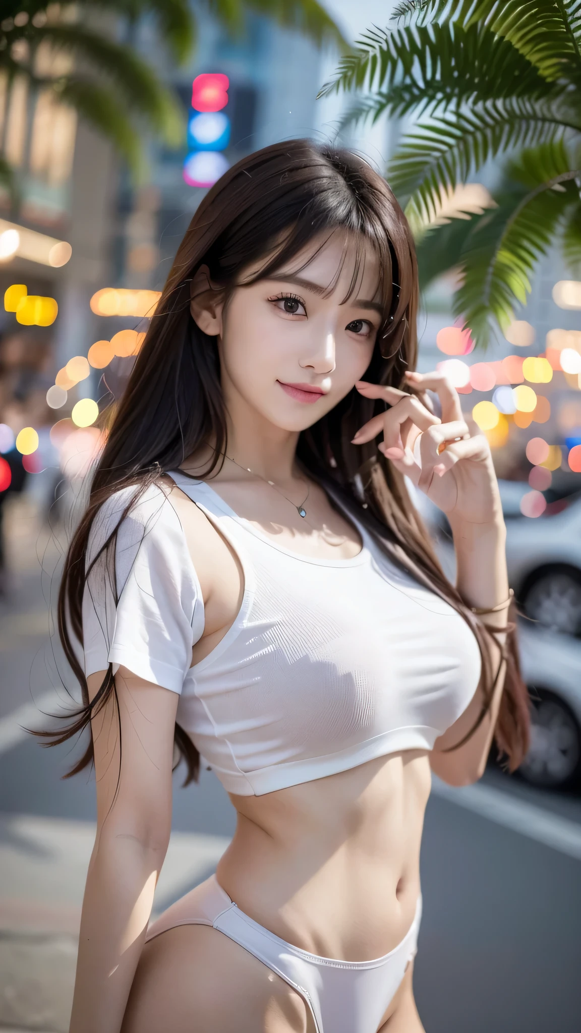 ((realistic lighting、highest quality、8k、master masterpiece:1.3))、clear focus:1.2、 baby、perfect body beauty:1.4、slim abs:1.1、as a whole human body、((dark brown hair、big breasts are visible:1.3))、(acceleration:1.4)、(exterior、night:1.1)、waikiki beach、Fireworks display、Palm tree、narrow side、fine eyes、double eyelid、fashion model pose、floating hair、T-shirt、meanwhile、hanguo、smile