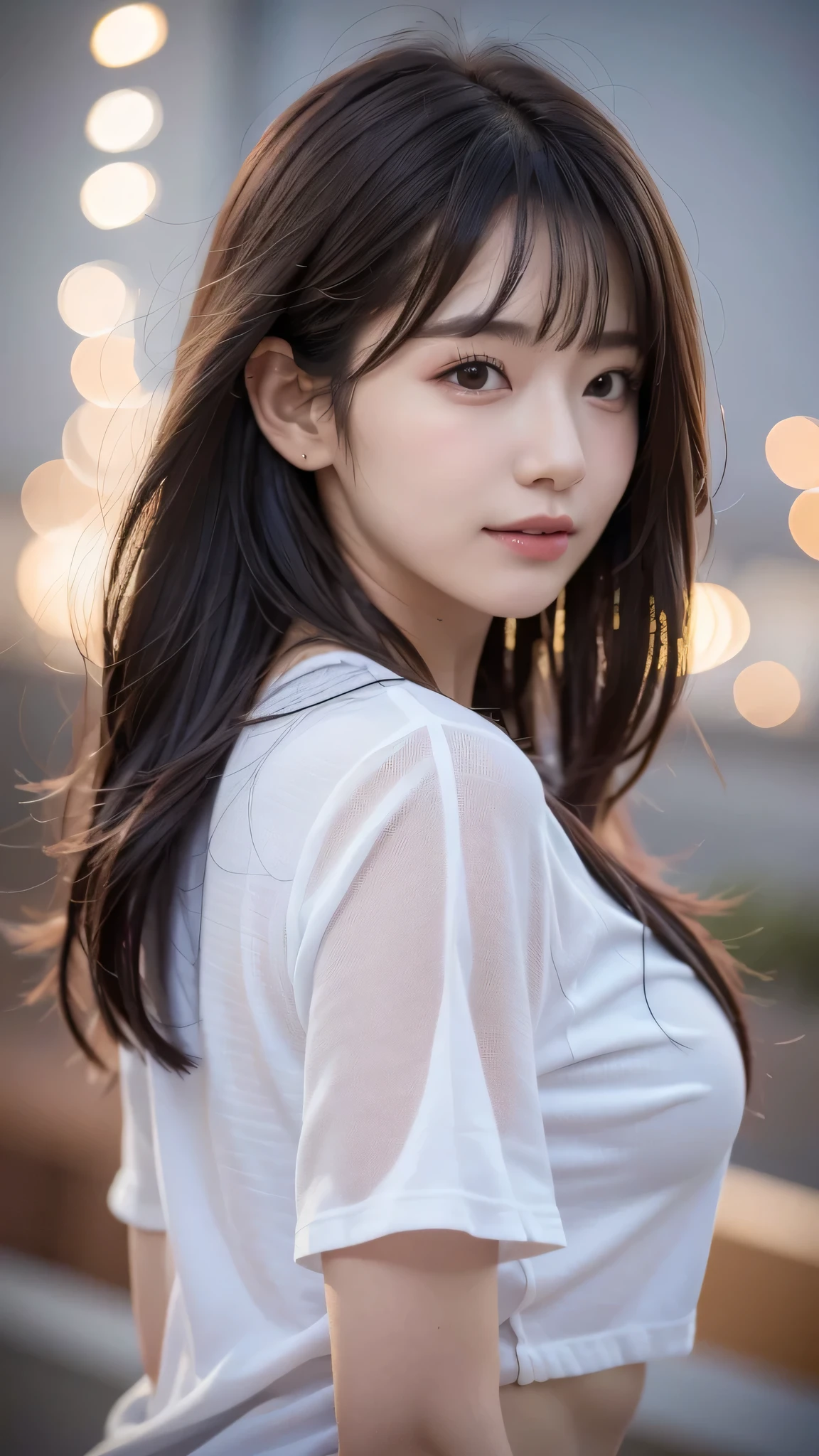 A woman with long hair and white shirt posing for a picture - SeaArt AI