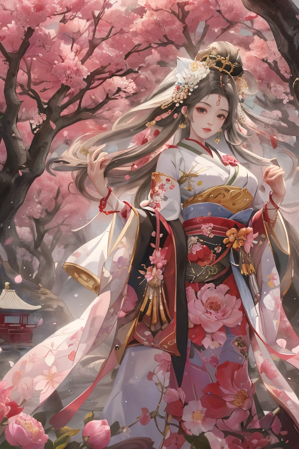 original,(enlightenment:1.1),(best quality),(master piece:1.1),(Highly detailed CG Unity 8k wallpaper),(color:1.2),Peony flower god 1 piece,goddeodel figure,ancient costumes,best quality,very elaborate jewelry,Peony petals,landscape,rios|purely,shrine maiden Japan cherry blossoms