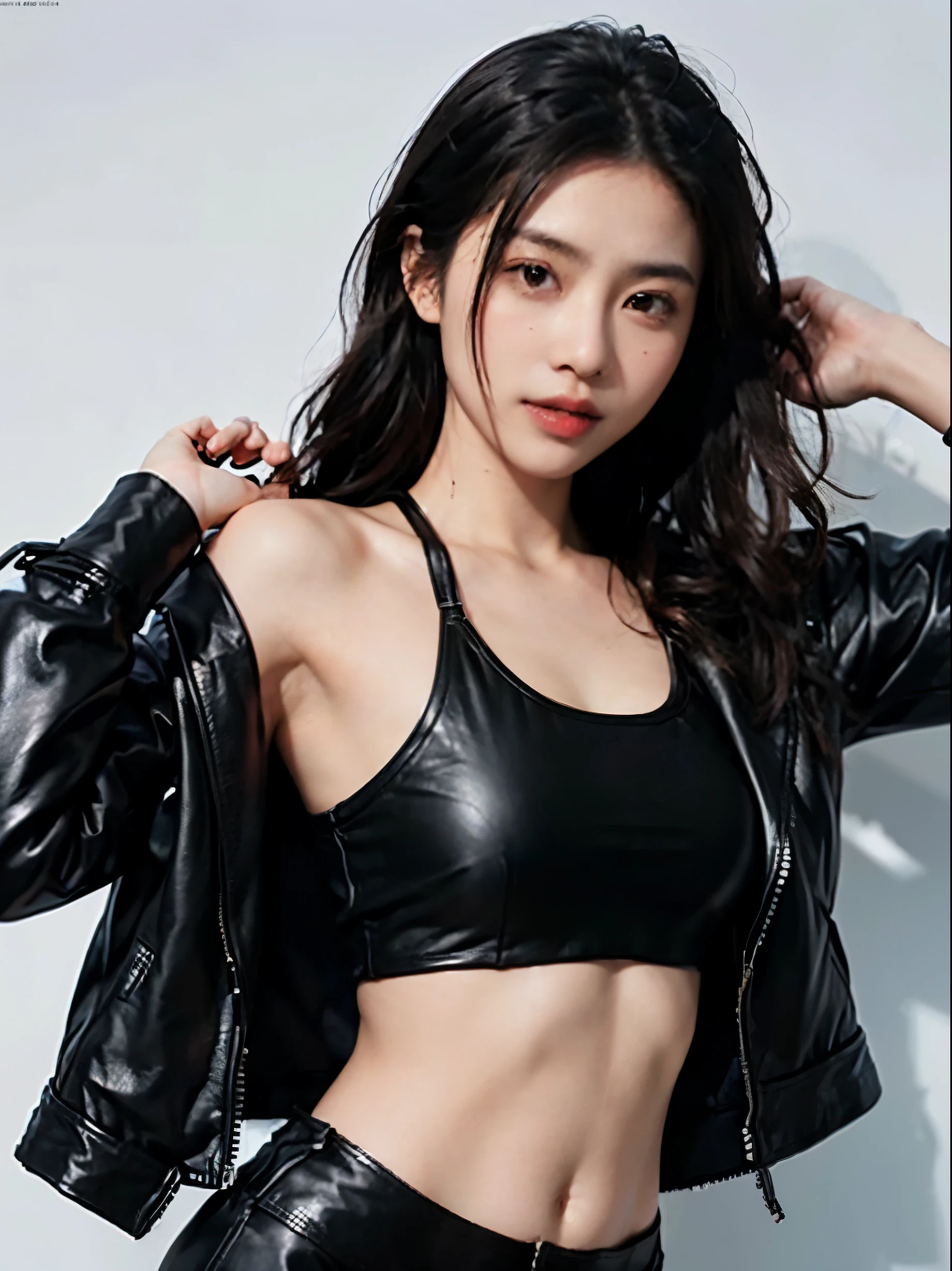 (8k、RAW Photos、top-quality、​masterpiece:1.2)、(realistic Photo-realsitic:1.37)、1girl in、japanese, 18-years old, face lights, Detailed face、Detailed lips, (wearing a black faux leather jacket over silver sports bra:1.5), (exposed right shoulder and armpit :1.5), seductive pose, opened jacket, long black hair,