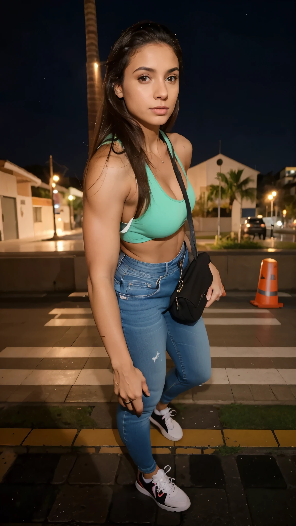 Uma mulher, extremamente realista, muito linda, Wearing jeans, Nike sneakers, sexy, bunda grande, pernas grossas, fitness, fundo rua a noite