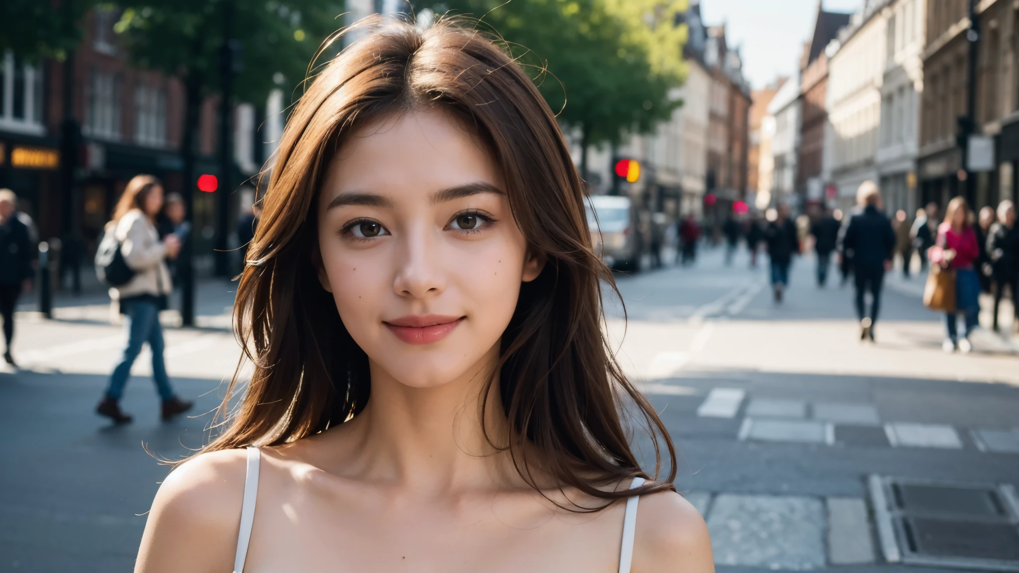 masterpiece, Best Quality, Photorealistic, Ultra-detailed, finely detailed, High resolution, 8K Wallpaper, 1 beautiful woman, light brown hair, sharp focus, Perfect dynamic composition, Beautiful detailed eyes, detailed hairs, Detailed realistic skin texture, Smiling, portrait, Model body type, Take a walk on the street of London,