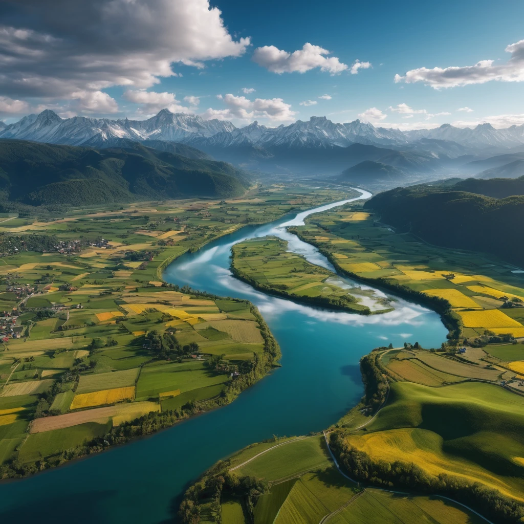 Aerial View, aesthetic, extremely detailed, (best quality,4k,8k,highres,masterpiece:1.2),ultra-detailed,realistic,professional,aerial view,landscape,panoramic view,farmland,rolling hills,majestic mountains,sunlit clouds,vivid colors,soft sunlight,crystal clear river,winding roads,splendid nature,peaceful atmosphere,serene beauty,harmonious composition,strong perspective,distant horizon,impressive depth of field,immersive experience