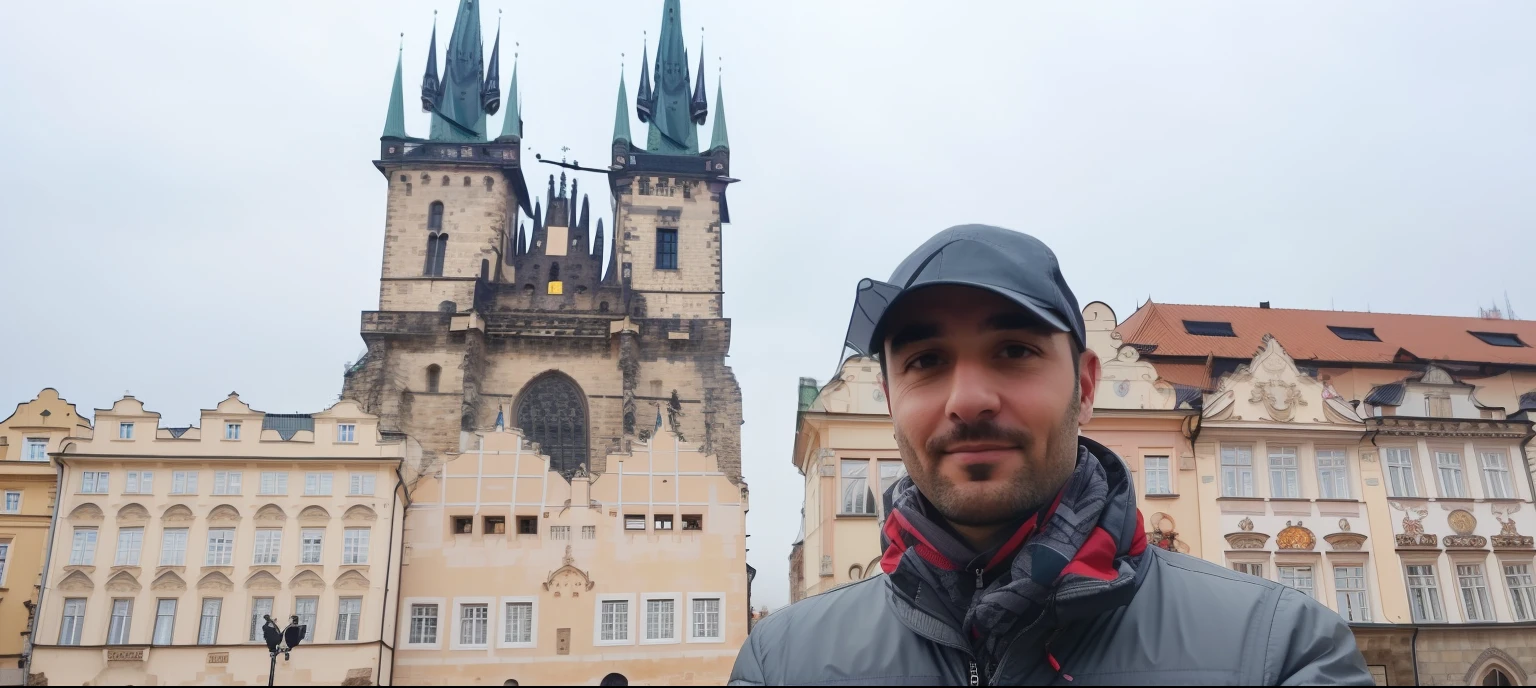 wearing gray jacket、Alafid man wearing black hat standing in front of building, prague in the background, Stand next to the royal castle!!!, standing in a city center, cathedral in the background, with a Castle in the background, prague, ( Castle in the background ), Zong Fengding, gothic Castle in the background, trip to legnica