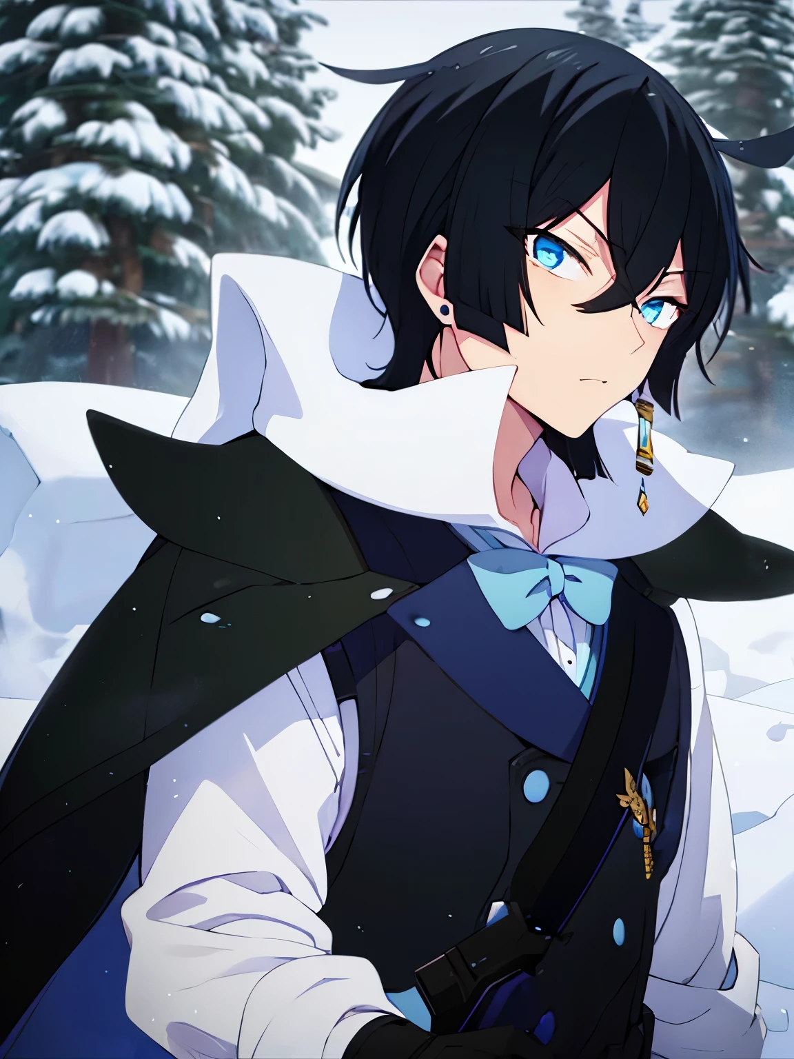 1boy,vanitas no carte,angry expression,Holding a firearm, shooting,Aiming at the viewer, at the north pole, snow storm