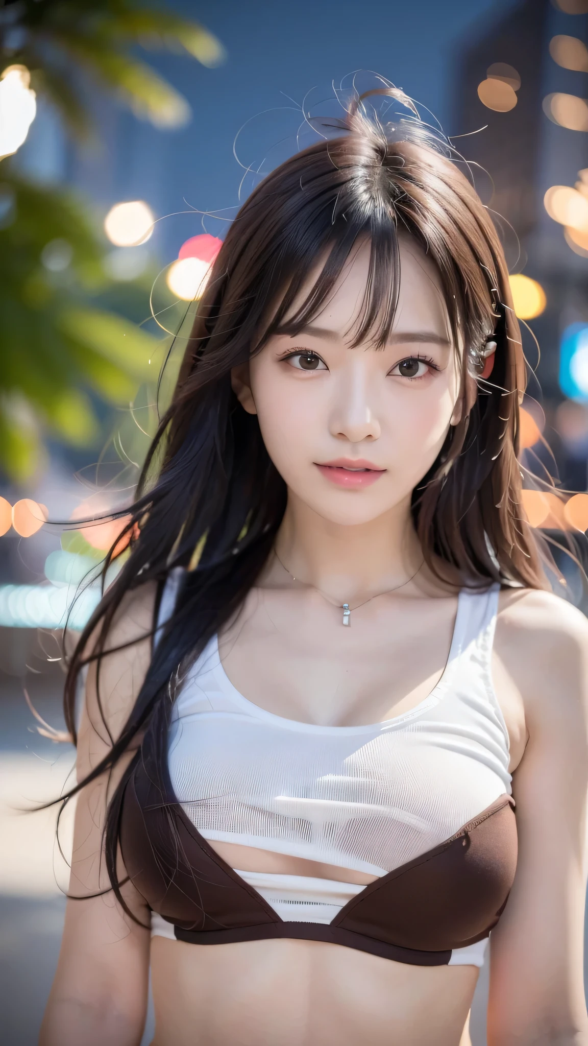((realistic lighting、highest quality、8k、master masterpiece:1.3))、clear focus:1.2、 baby、perfect body beauty:1.4、slim abs:1.1、as a whole human body、((dark brown hair、big breasts are visible:1.3))、(acceleration:1.4)、(exterior、night:1.1)、waikiki beach、Fireworks display、Palm tree、narrow side、fine eyes、double eyelid、fashion model pose、floating hair、T-shirt、meanwhile、hanguo、smile