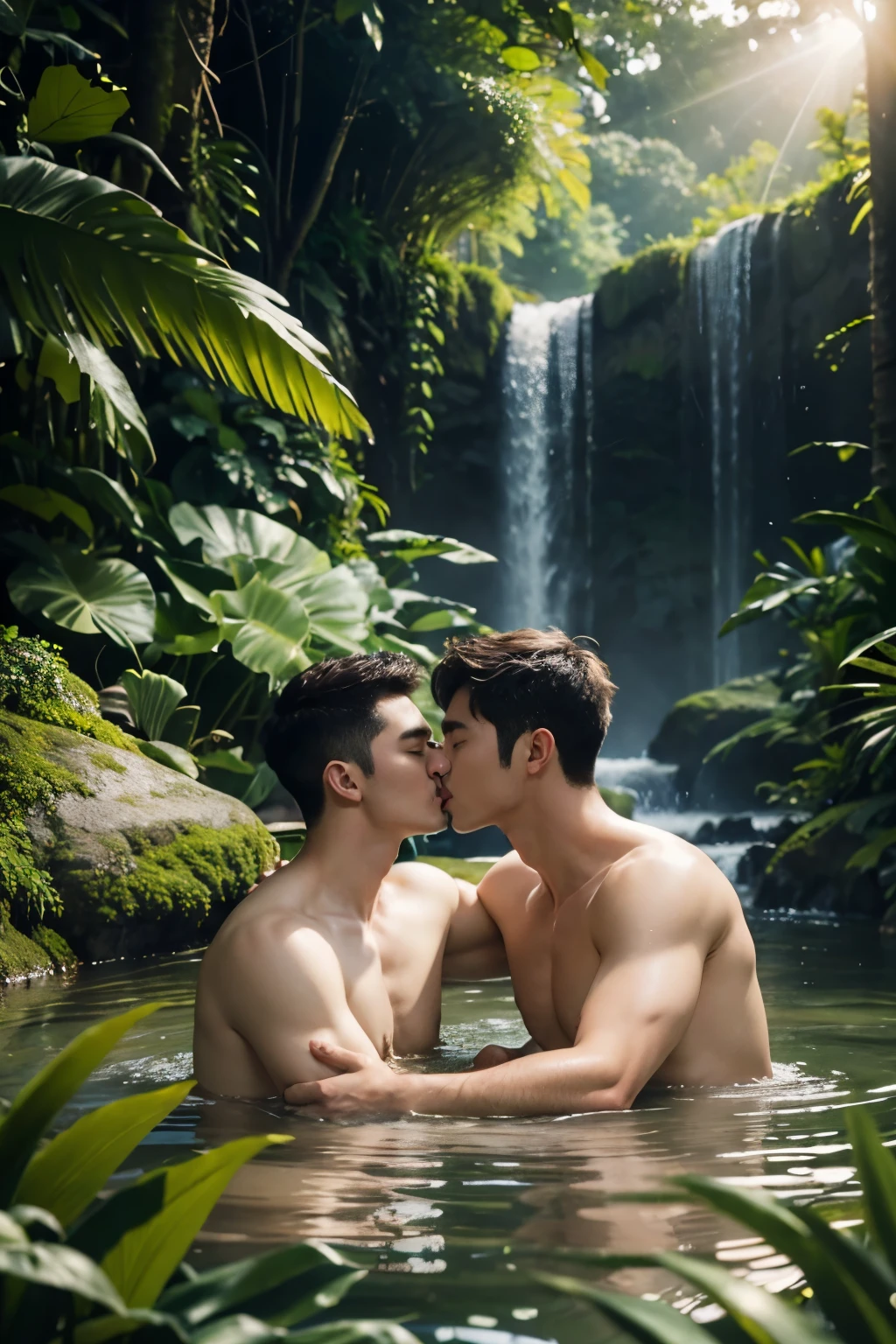hyper realistic detail photo of two naked men laying and romance kissing on the grass, jungle, waterfall, full color of flowers, soft light, deep focus, bokeh, soft focus, solar flare on the water, The sun is shining through the leaves