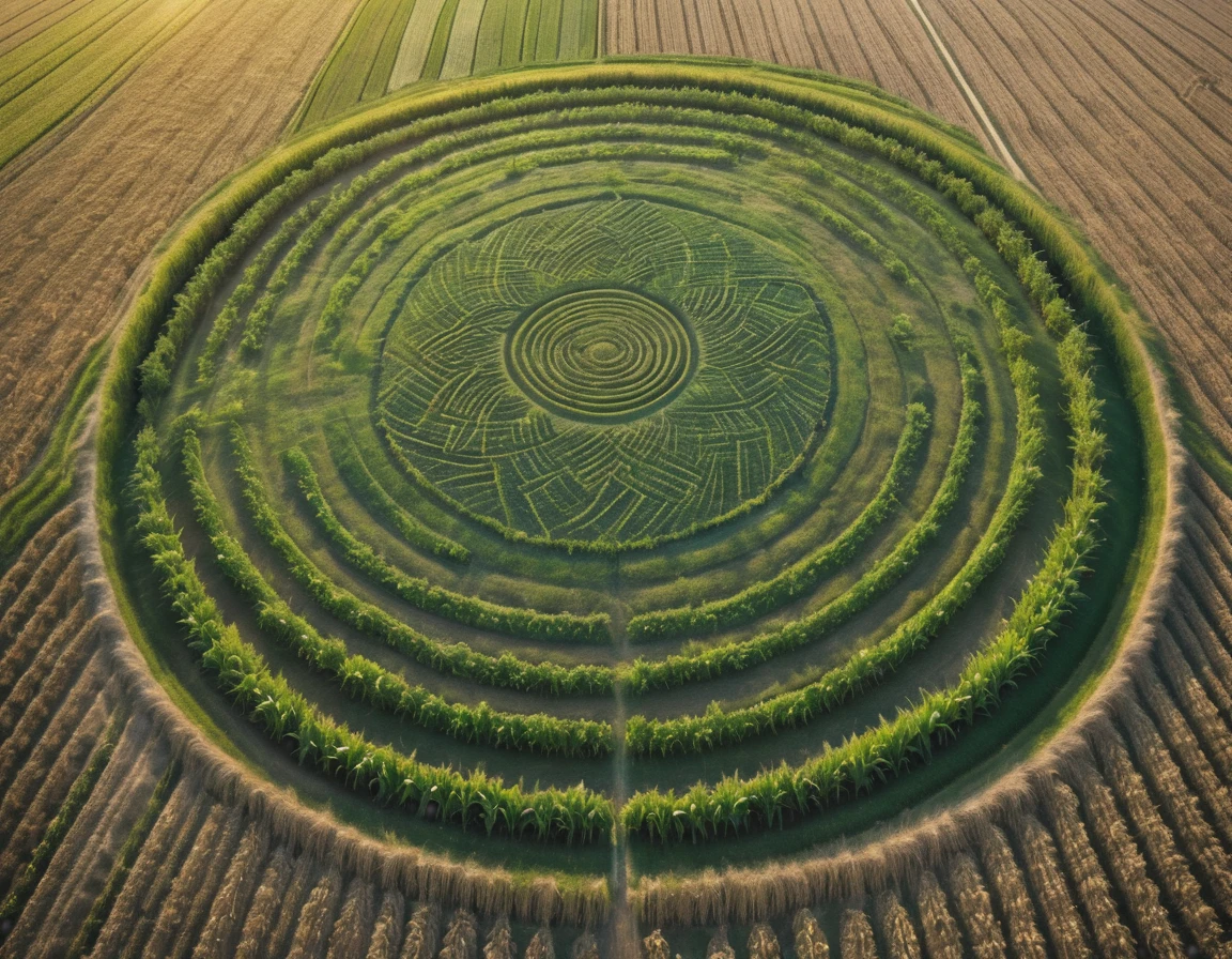 A captivating aerial drone shot of a vast American cornfield, with a mysterious crop circle at its center. The rows of corn stretch out in perfect symmetry, forming an intricate pattern that leads to the enigmatic design of the circle. The cornstalks are a lush green, contrasting with the golden hues of the surrounding landscape. Shadows dance across the field, creating an otherworldly atmosphere that envelops the scene. The crop circle, with its intricately woven design, stands out against the sea of crops, inviting viewers to ponder the unknown. The artwork captures the intersection of nature and the unexplained, offering a unique and captivating perspective on the rural landscape.