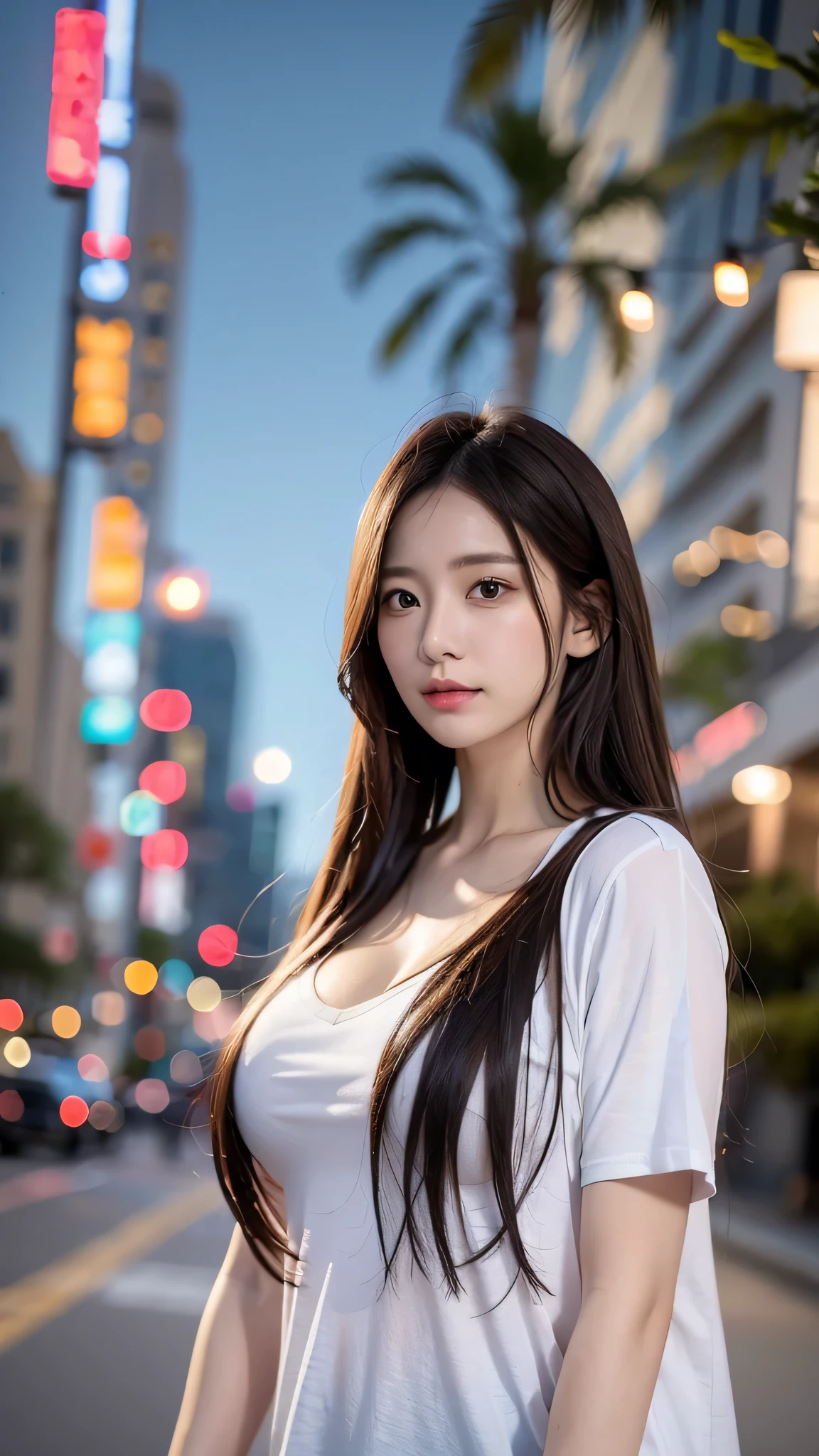 ((realistic lighting、highest quality、8k、master masterpiece:1.3))、clear focus:1.2、 、perfect body beauty:1.4、slim abs:1.1、as a whole human body、((dark brown hair、big breasts are visible:1.3))、(acceleration:1.4)、(exterior、night:1.1)、waikiki beach、Fireworks display、Palm tree、narrow side、fine eyes、double eyelid、fashion model pose、floating hair、T-shirt、meanwhile、smile